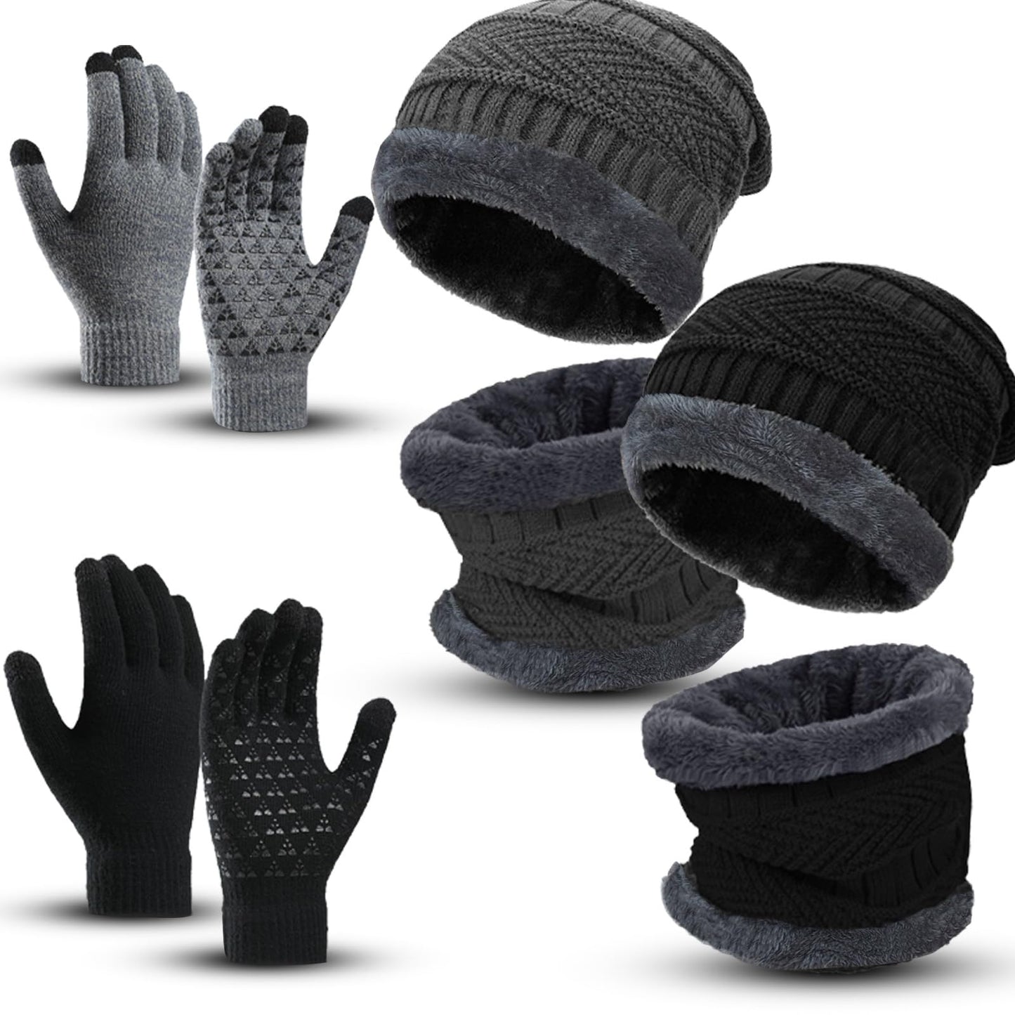 ABUDDER 6 Pieces Winter Beanie Hat Scarf Gloves Set for Men and Women,Knitted Cap Winter Hat Touchscreen Gloves Neck Warmer Set