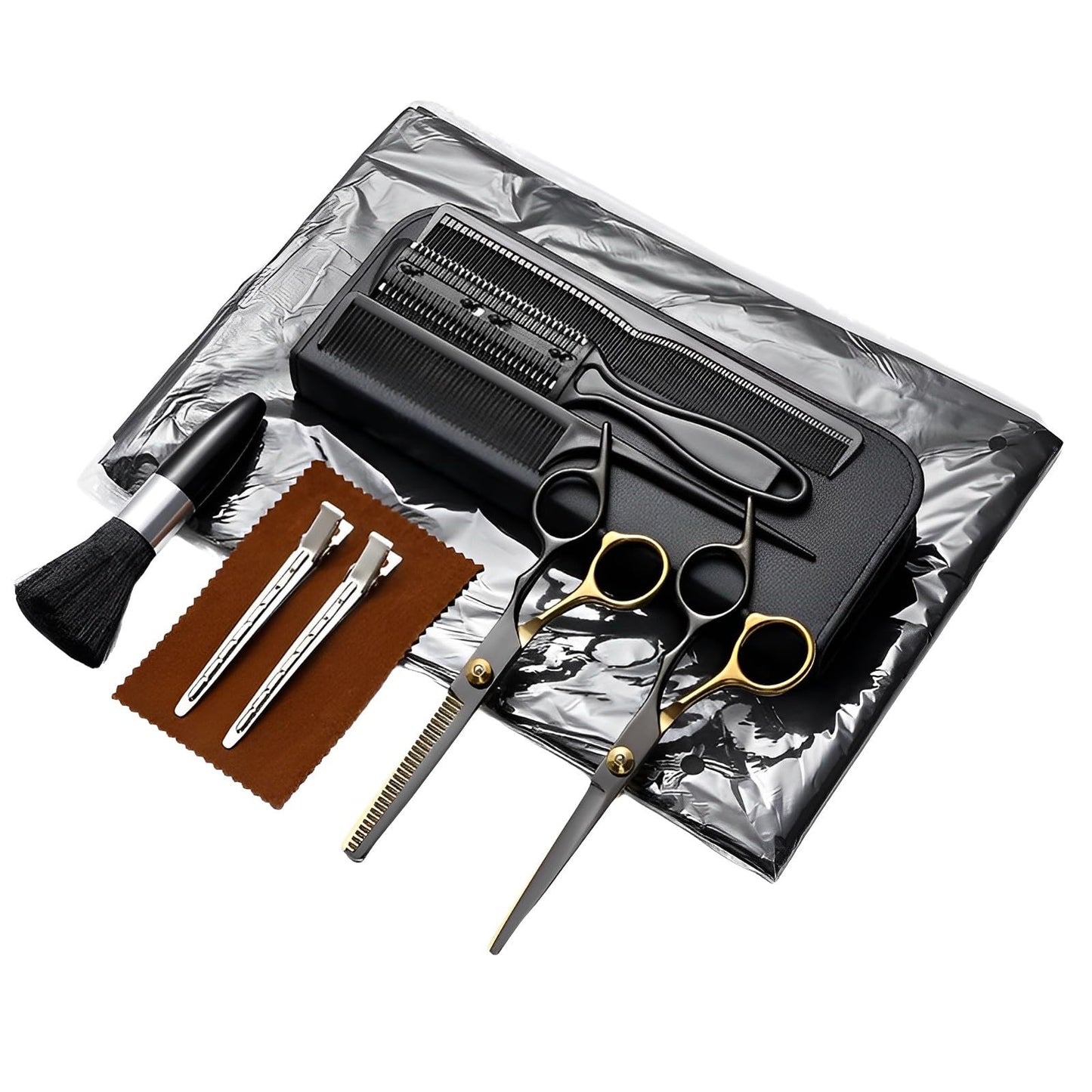 Hair Cutting Scissors Kit 11PCS, Hair Scissors Professional Haircut Scissors Japanese Stainless Steel Hair Shears, Thinning Shears, Haircut Accessories in Leather Case for Salon/Home (Black - Gold)