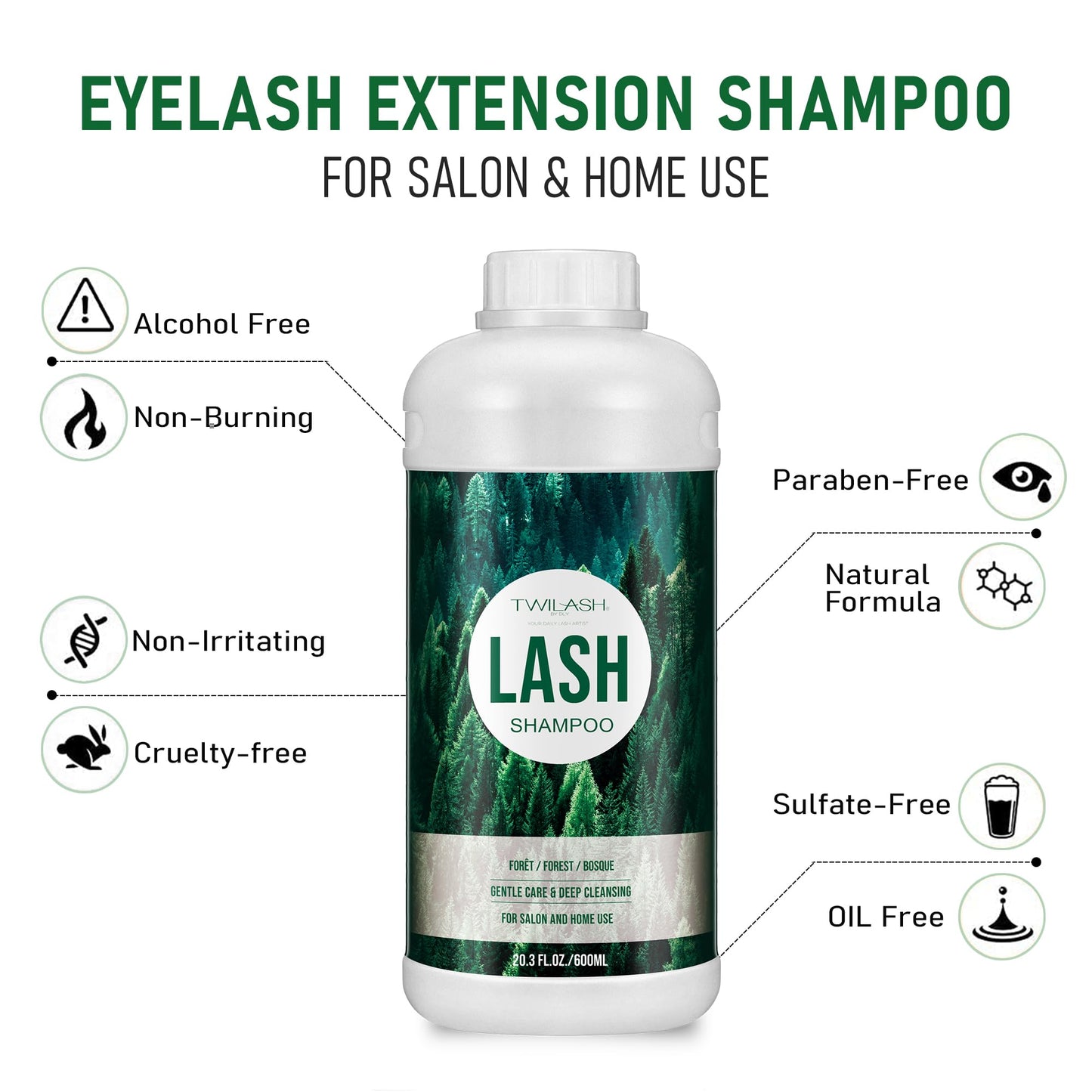 600ml Lash Shampoo Bulk, Eyelash Cleanser for Extensions, Safe Makeup Remover, Non-irritating or Burning Formula Eyelid Foaming Cleanser Best for Professional Salon and Home Use (Forest)