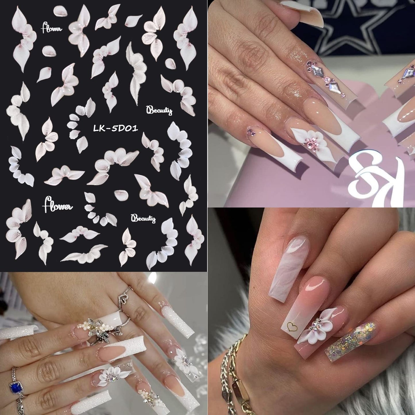 VOTACOS 6 Sheets Flower Nail Stickers for Nail Art 5D Embossed Engraved Nail Decals 3D Spring Summer Nail Supplies Accessories Self-Adhesive Nail DIY Design Decoration for Women and Girls
