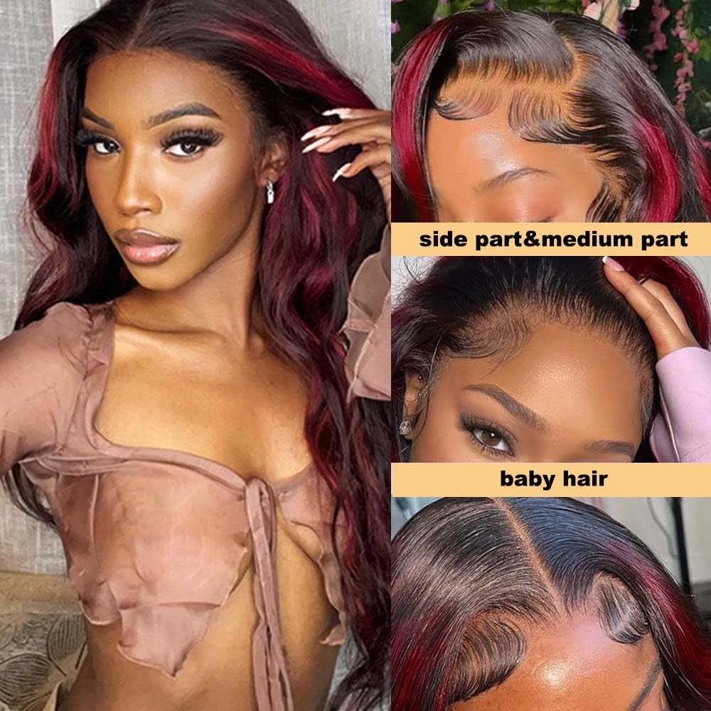 1B/99J Ombre Burgundy Skunk Stripe Wig Lace Front Human Hair 13X6 Black and Red Lace Front Wig Body Wave Red Highlight Wig Human Hair With Baby Hair 150% Density (18inch, 13X6 Ombre Red Highlight)