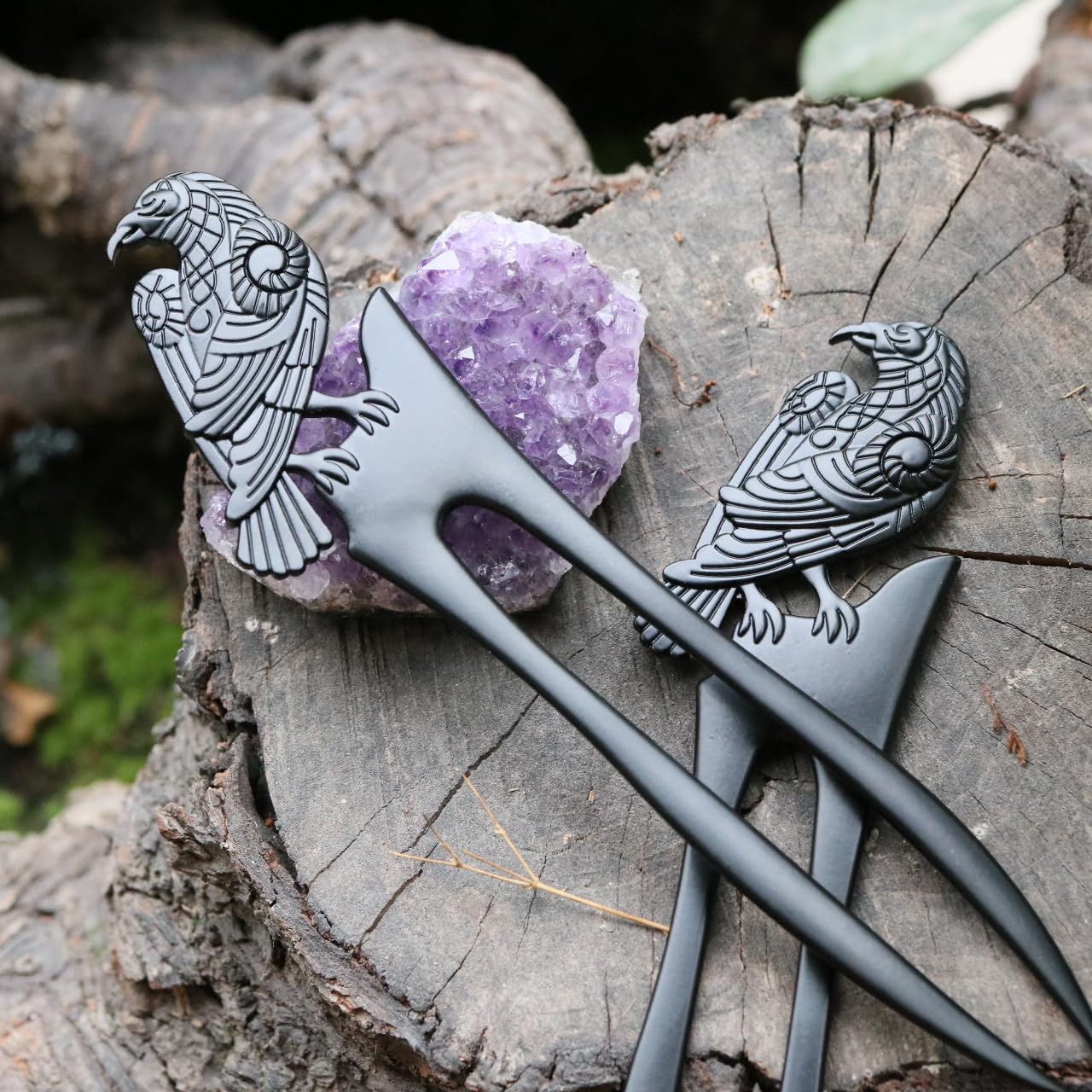 2PK U Shaped Viking Raven Metal Hair Prong Forks French Hair Styling Pins Black Wicca Witch Sticks Renaissance Festival Acceossories for Women Perfect for Thick Hair
