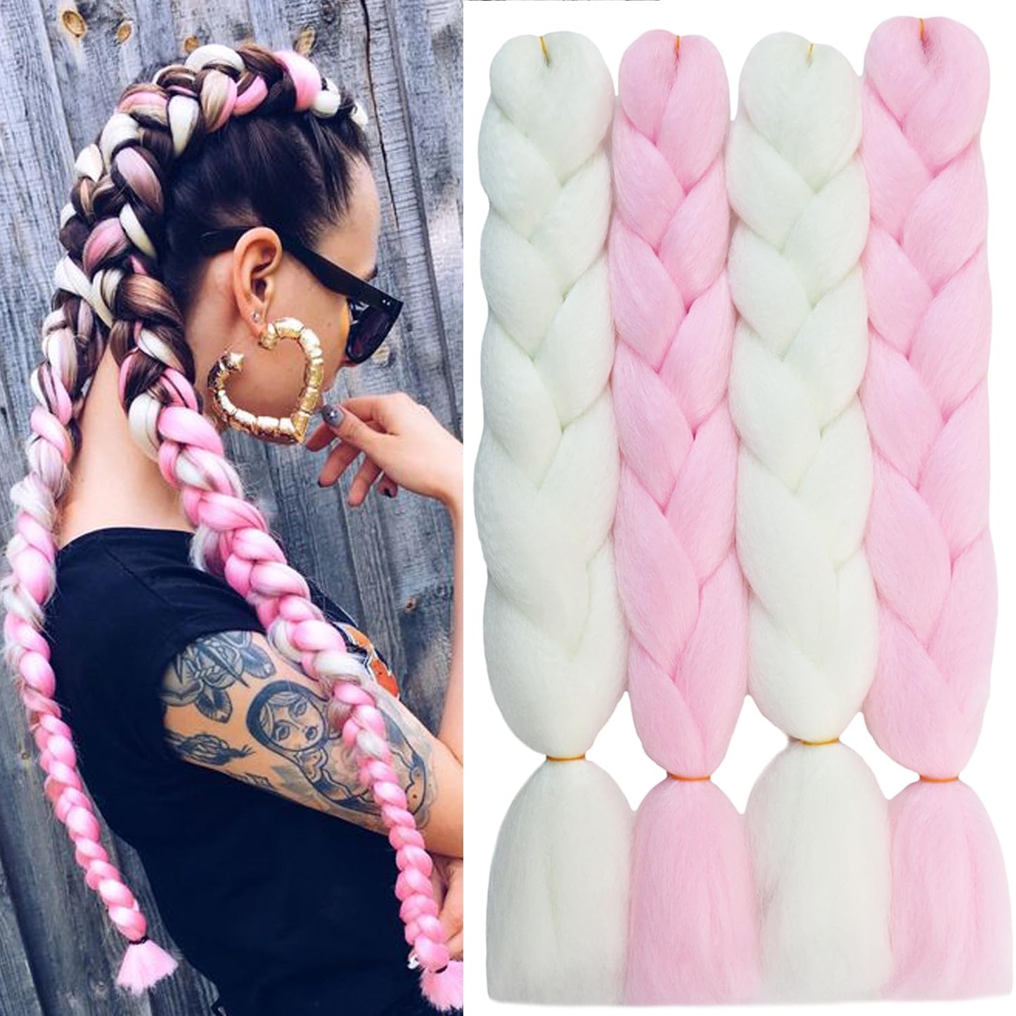 24inch Colored Jumbo Braiding Hair Extensions 4Pack Colorful Synthetic Glow in the Dark(White/Pink)