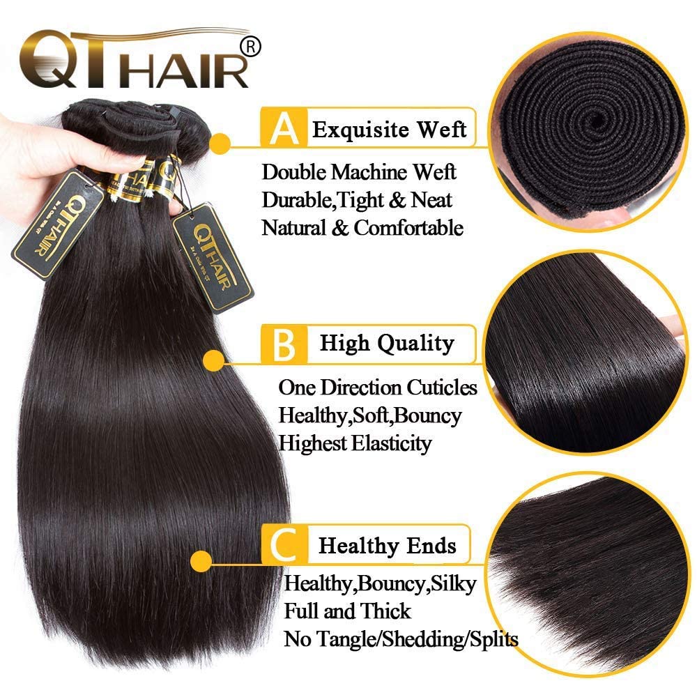 QTHAIR 14A Grade Brazilian Straight Human Hair Bundles with Closure(14" 16" 16"+12"Free Part Lace Closure,Natural Black) 100% Unprocessed Brazilian Virgin Hair Extensions for All Women
