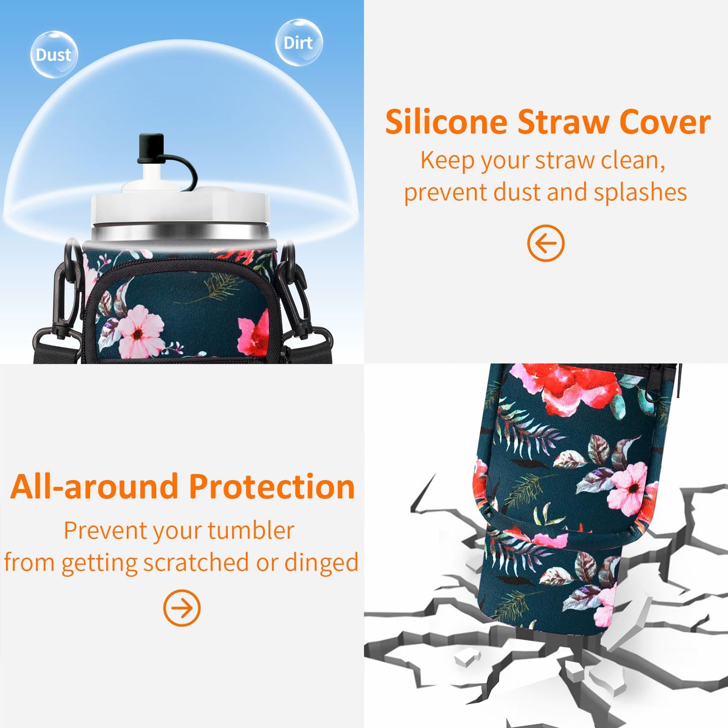 AceTreker 30/40 oz Stanley Cup Holder Bag with Phone Pocket, Neoprene Insulated Simple Modern Travel Mug Sleeve w/Paracord Handle & Straw Cover for Car Gym Walking-Wild Rose