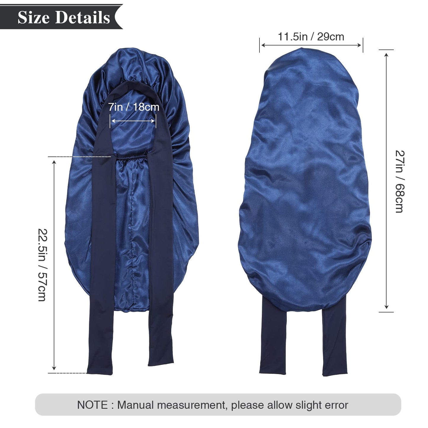 AWAYTR Long Satin Bonnet for Women - Double Layer Elastic Silk Bonnet for Braids Hair Sleeping Cap with Tie Band (Navy Blue)