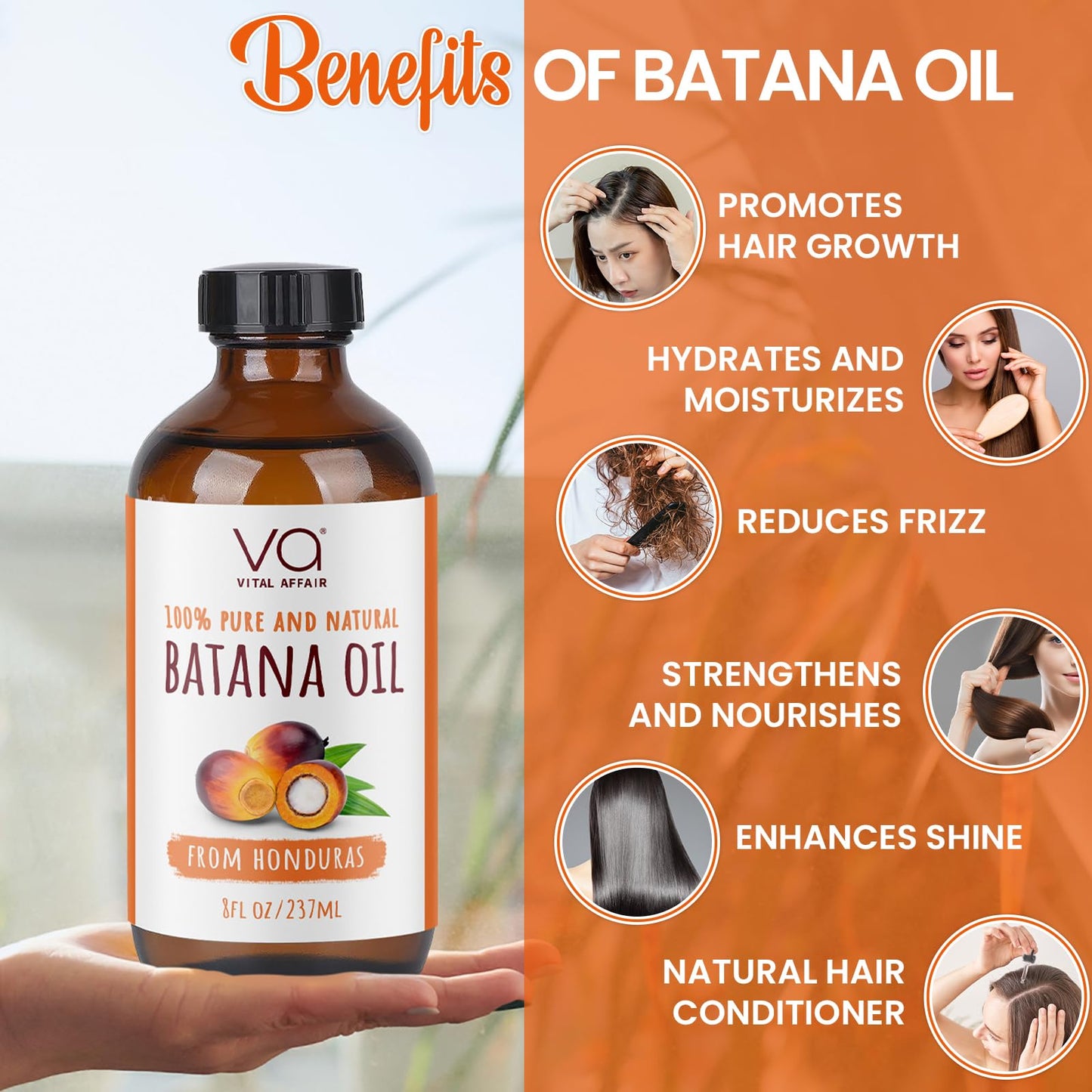 VITAL AFFAIR Batana Oil For Hair Growth-100% Raw Batana Oil From Honduras-Glass Bottle-Skin & Hair Growth Oil Rich In Essential Nutrients-Batana Hair Oil For Women & Men-For Strong & Shiny Hair-8 FlOz