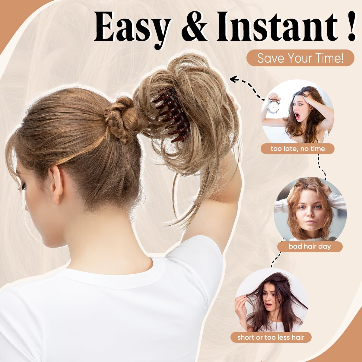 SARLA 2PCS Messy Bun Hair Pieces for Women Detachable Claw Clip Wavy Curly Synthetic Hairpieces for Updos with Tendrils Fake Scrunchies Ponytail Extension Light Champagne