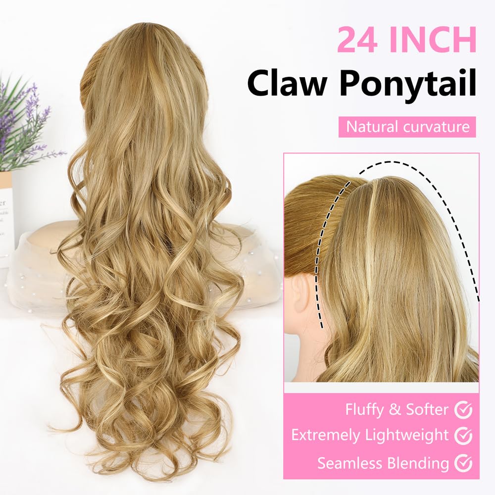 ALXNAN Ponytail Extension,24 Inch Claw Ponytail Hair Extensions for Women,Claw Clip in Long Wavy Synthetic Dark Ash Blonde with Golden Ends Ponytail Extension for Daily Use.