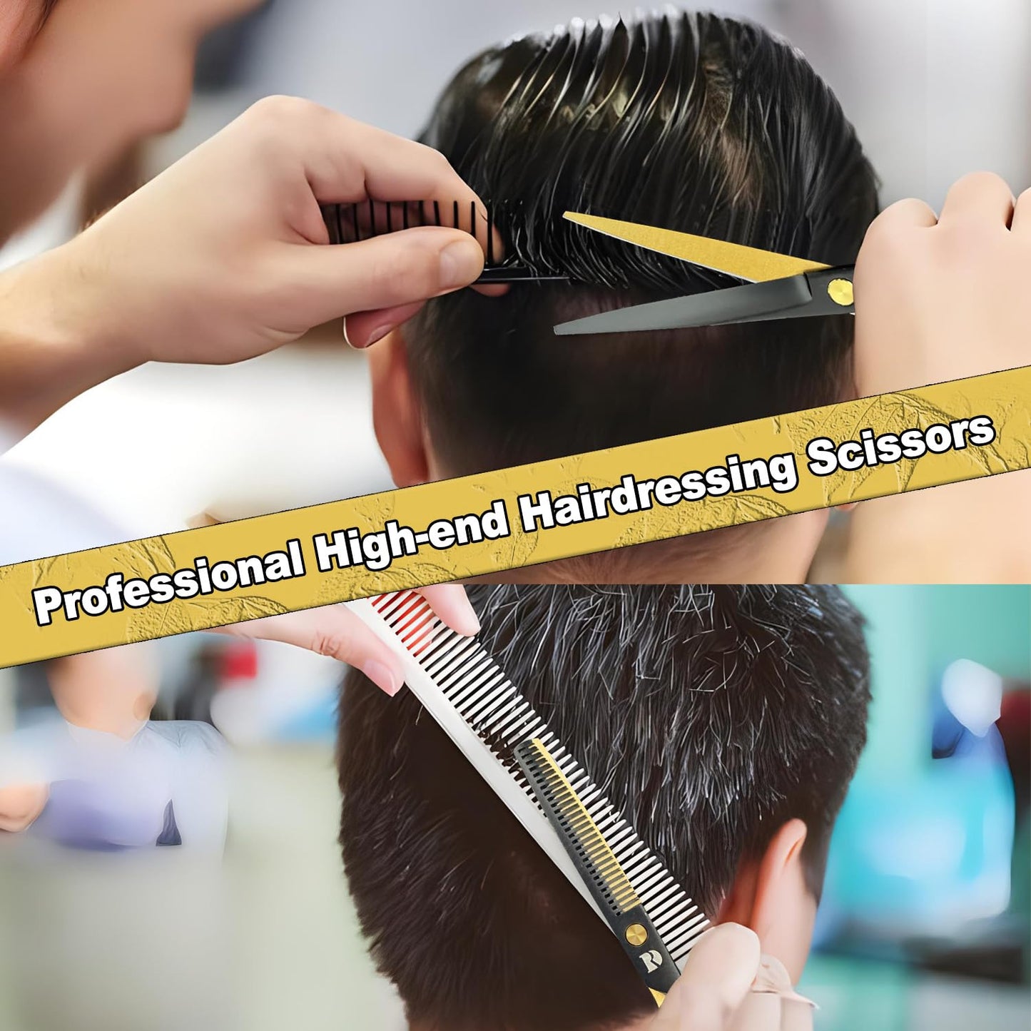 Professional Hair Cutting Shears Set,6 Inch Barber hair Cutting Scissors Thinning Shears Sharp Blades Hairdresser Haircut For Women/Men/kids 440c Stainless Steel (gold)