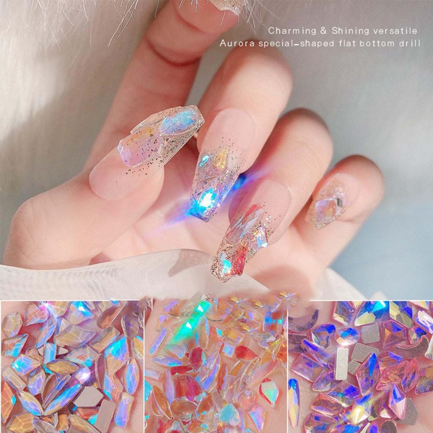 200PCS Aurora Nail Art Rhinestones Multi Shapes Mix 3D Glass Crystal Nail Gems Nail Charms Craft Heart Bear Star Irregular Iridescent Clear Nail Rhinestone Diamonds for Women Girls DIY Nail Art Design