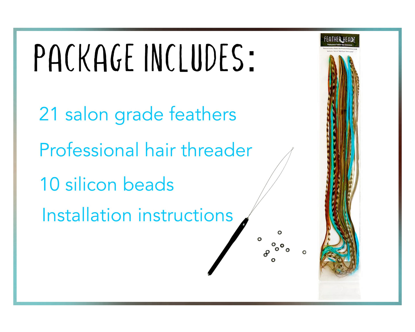 21 Natural & Turquoise Color Hair Feathers - 7”- 12” Long - Feathers for Hair Extension, Rooster Feathers DIY Kit - Eye-Catching Design - 20 Micro-link Beads - 100% Real Rooster Feathers