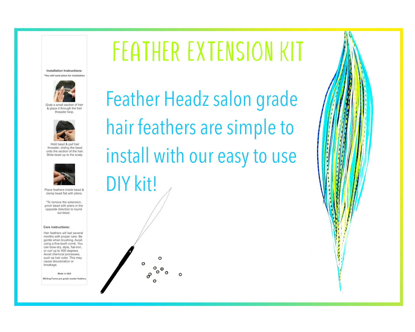 21 Neon Green & Turquoise Color Hair Feathers - 9”- 14” Long - Feathers for Hair Extension, Hair Extension DIY Kit - Eye-Catching Design - 20 Micro-link Beads - 100% Real Rooster Feathers