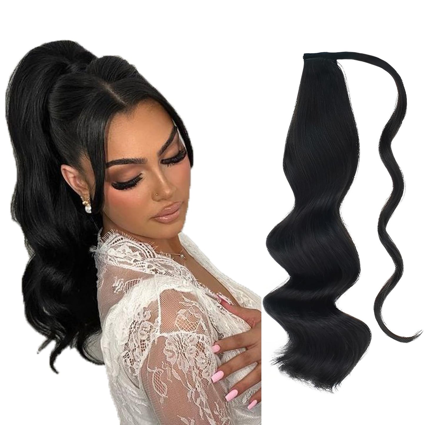 ABH AMAZINGBEAUTY HAIR Ponytail Hair Extensions for Women, Remy Human Hair, Wrap in Easy to Use, 100 Gram, Jet Black Color 1, 20 Inch