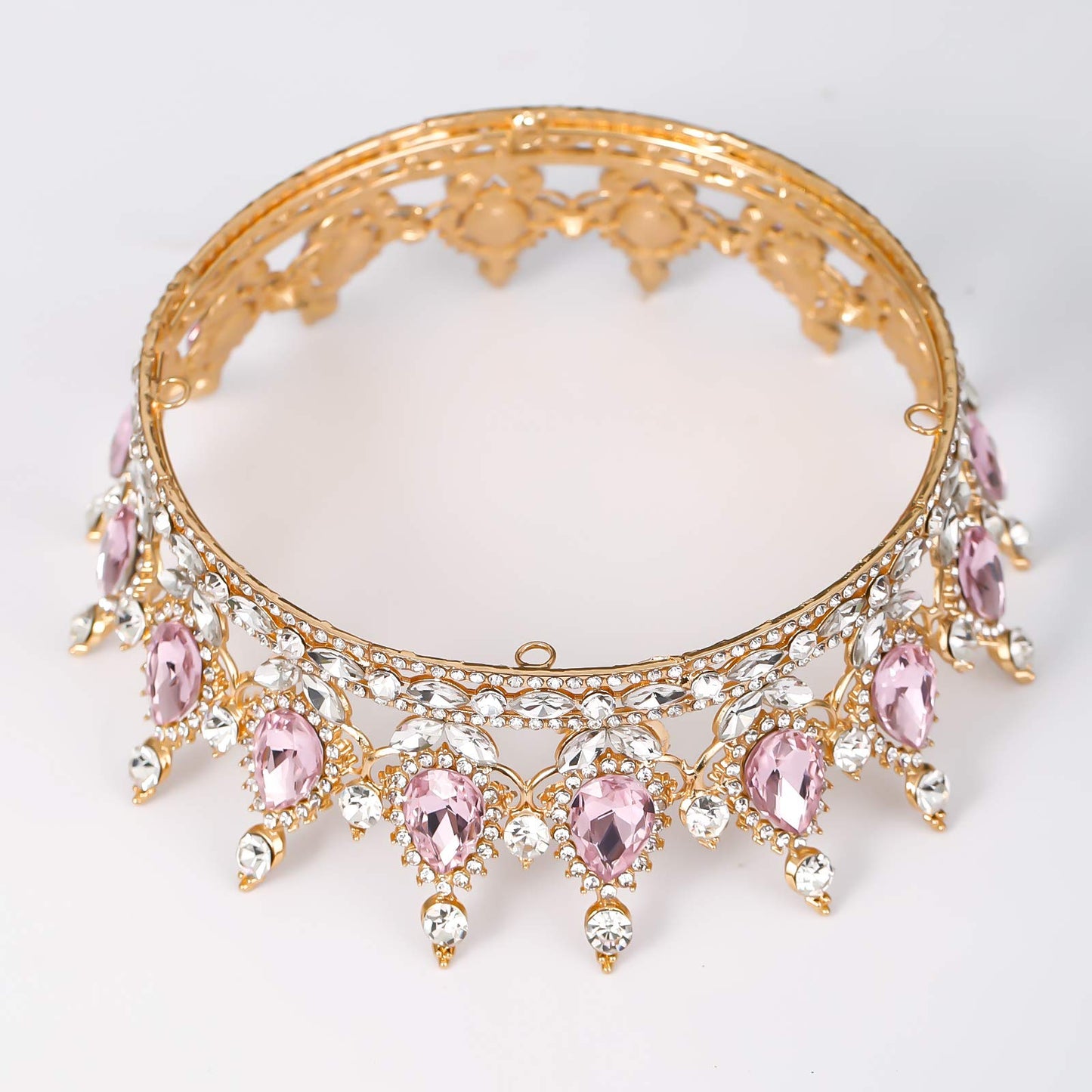 FORSEVEN Queen Crown Rhinestone Wedding Crowns and Tiaras for Women Costume Party Hair Accessories Princess Birthday Crown Crystal Bridal Crown (Gold+Pink)