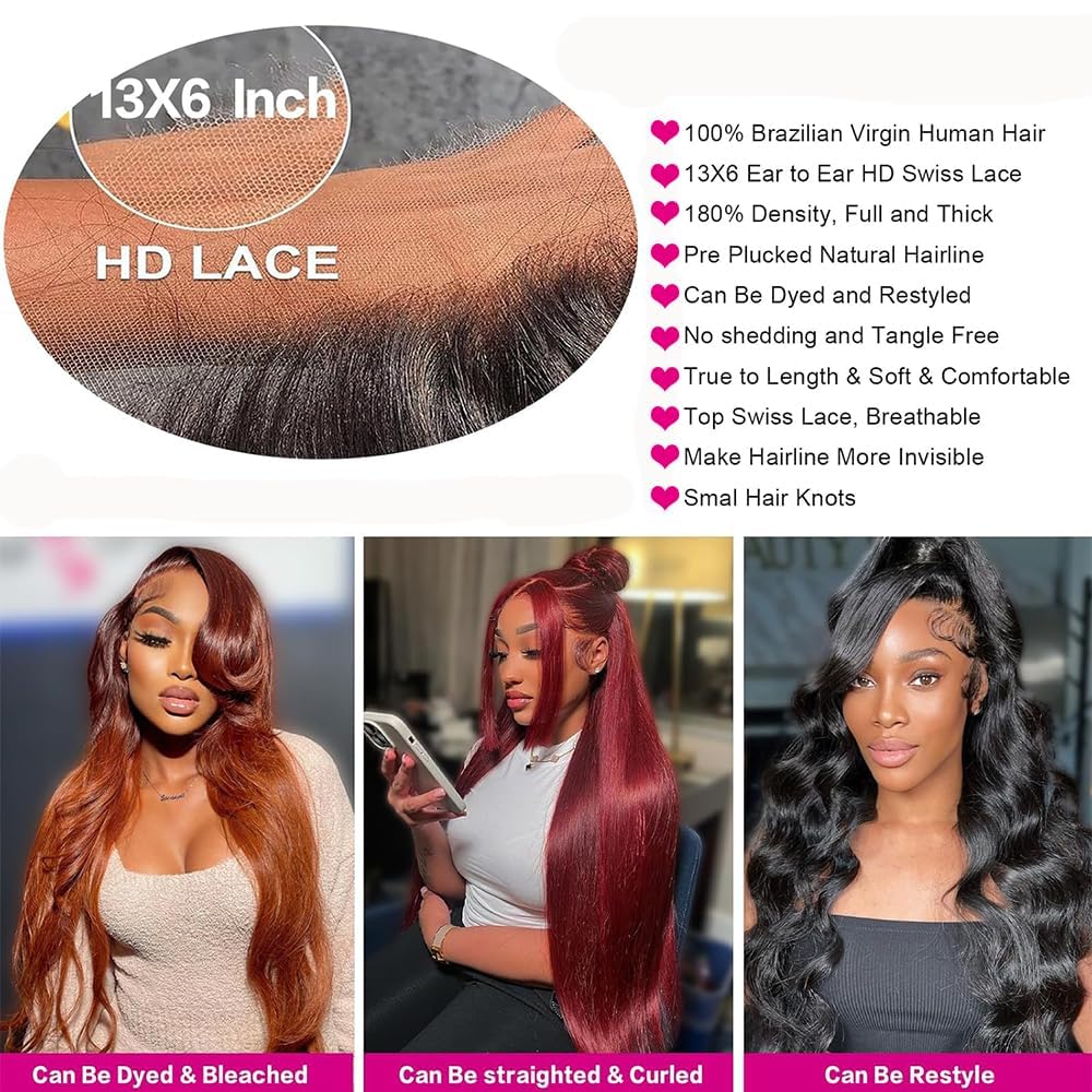 GUART Reddish Brown Lace Front Wigs Human Hair 13x6 Body Wave Lace Front Wigs Human Hair Pre Plucked Auburn Colored Wigs Human Hair 180% Density Hd Lace Frontal Wigs Human Hair 24 Inch