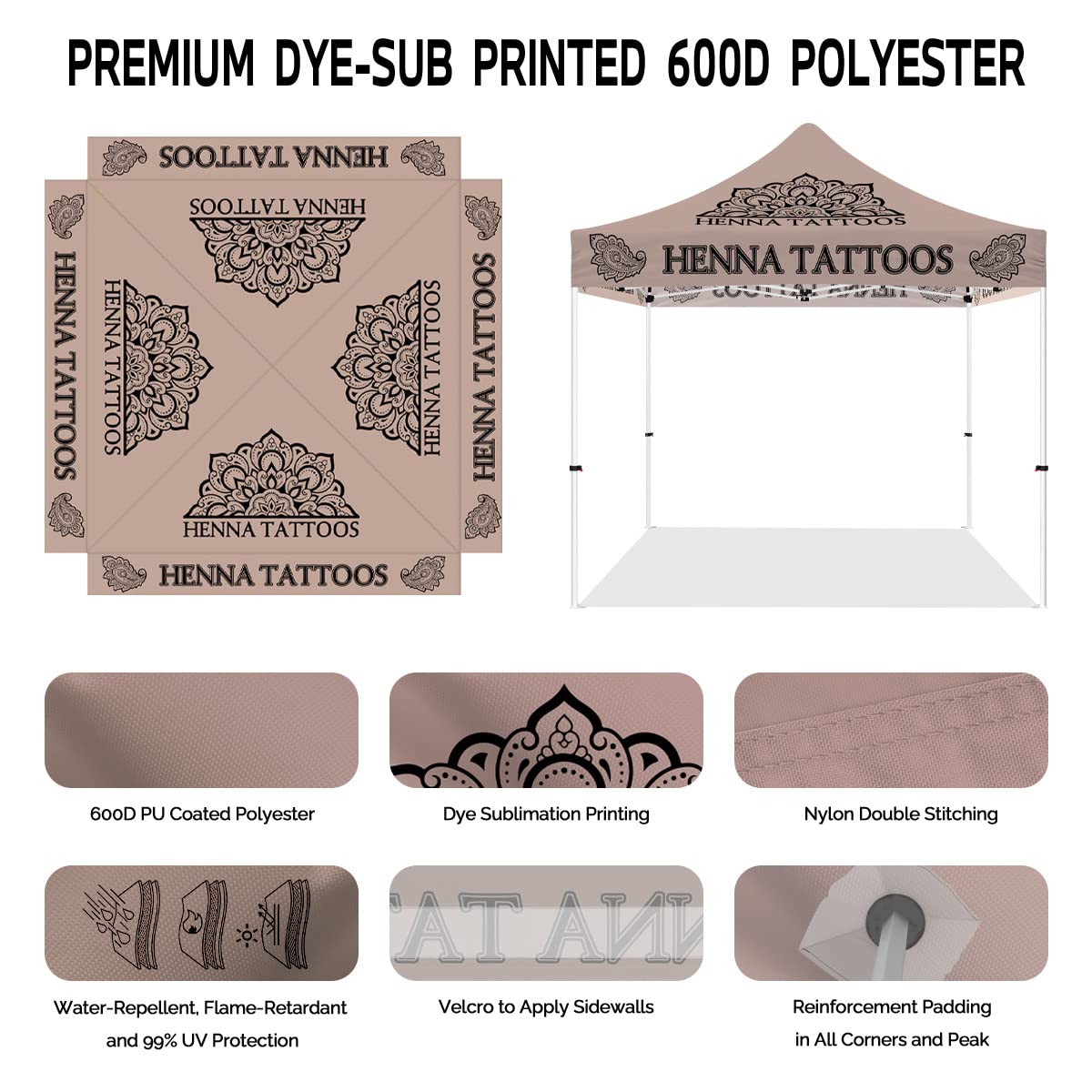 10x10 Henna Tattoo Themed Pop Up Canopy Tent, Dye-Sub Printed Artists Tent for Natural Henna Body Art and Face Painting Heavy Duty with Roller Bag, Back Wall, Sidewalls and Rails