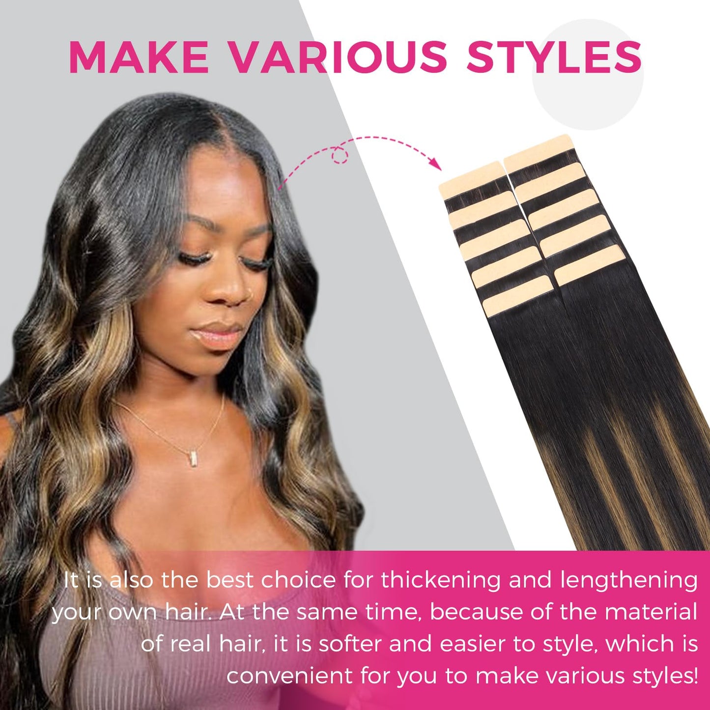 Lashey Tape in Hair Extensions 25g 10pcs 16 Inch Straight Natural Black Mixed Chestnut Brown Highlighted Hair Extensions Tape in Hair for Women