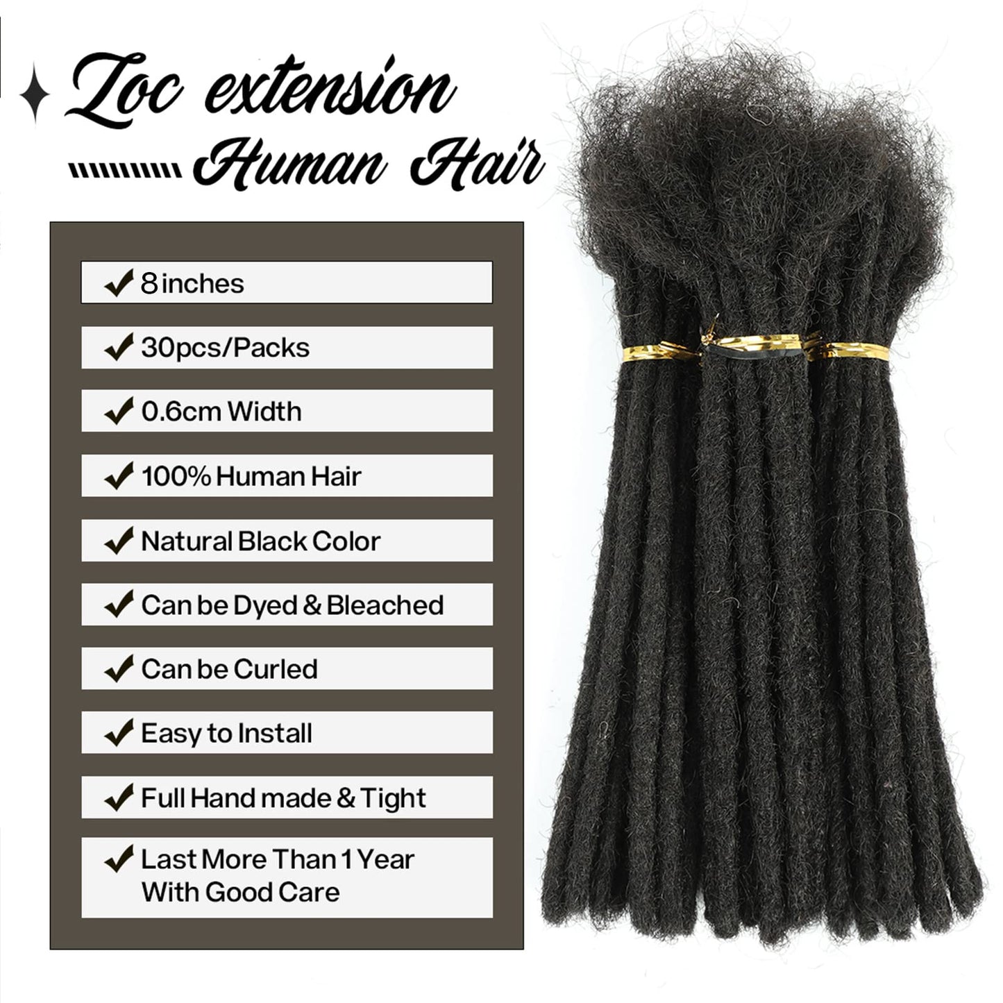 6-18 Inch Dreadlock Extensions Human Hair Fully Handmade Human Hair Dreadlock Extensions for Man/Women Locs Extensions Human Hair Can Be Dyed Bleached Curled… (0.6CM Width-1B, 8Inch-30Strands)