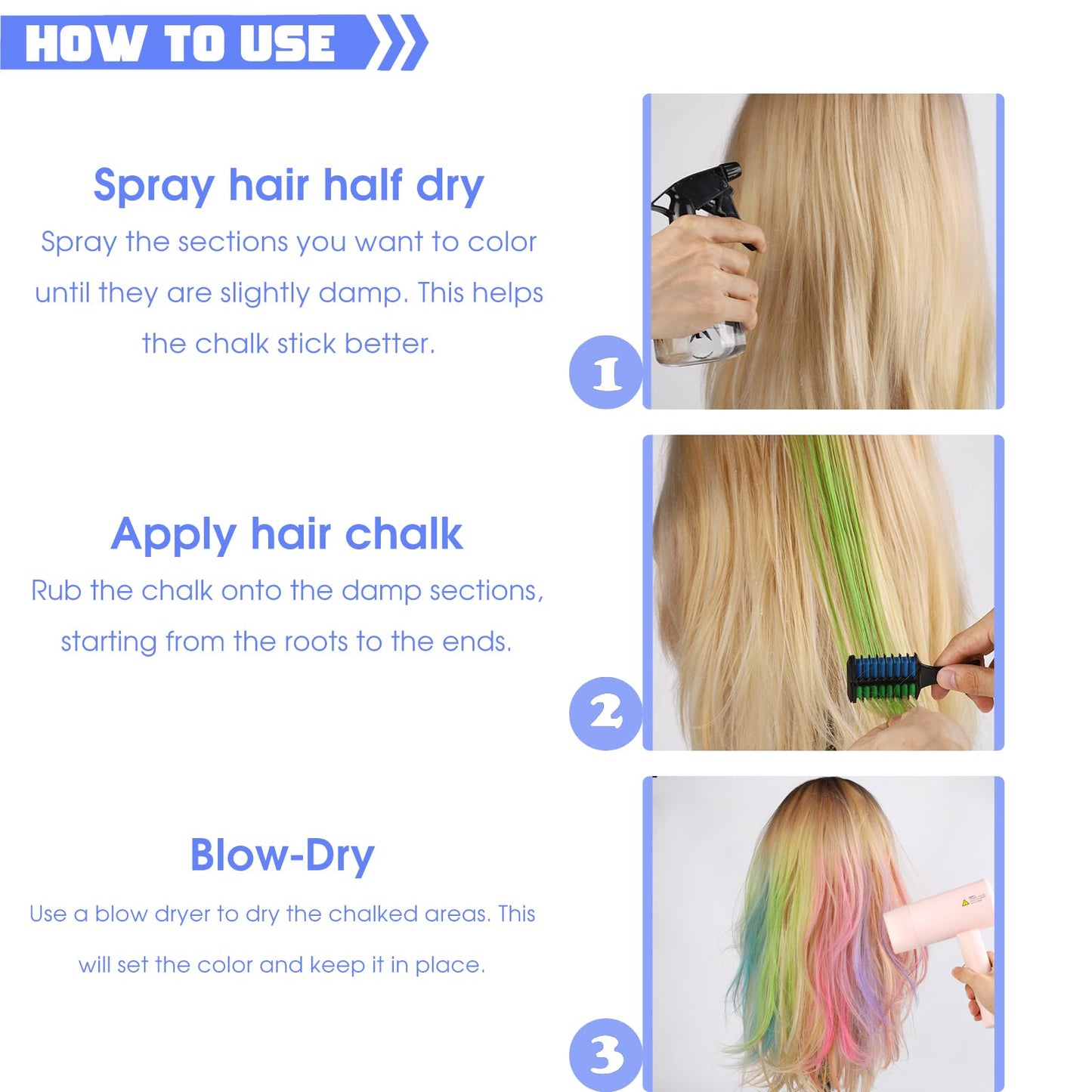 Hair Chalk for Kids Girls, Blue Purple Temporary Hair Color Dye, Washable Hair Chalk Comb - Kids Hair Dye Makeup For Party Halloween Christmas Birthday Cosplay Festivals