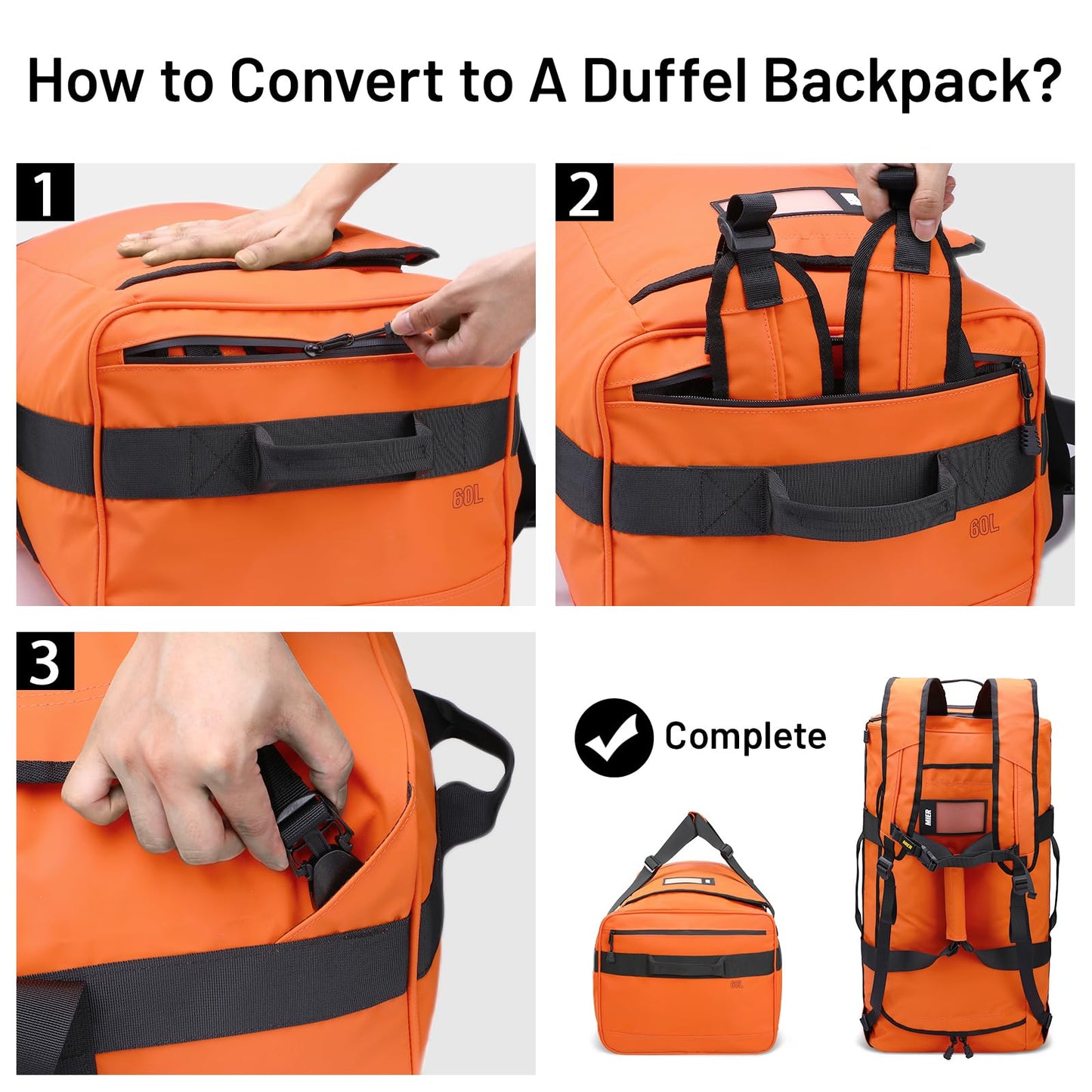 MIER 40L Backpack Duffle for Men Heavy Duty Duffel Bag with Backpack Straps for Travel, Gym, Sports, Convertible and Water Resistant, Orange