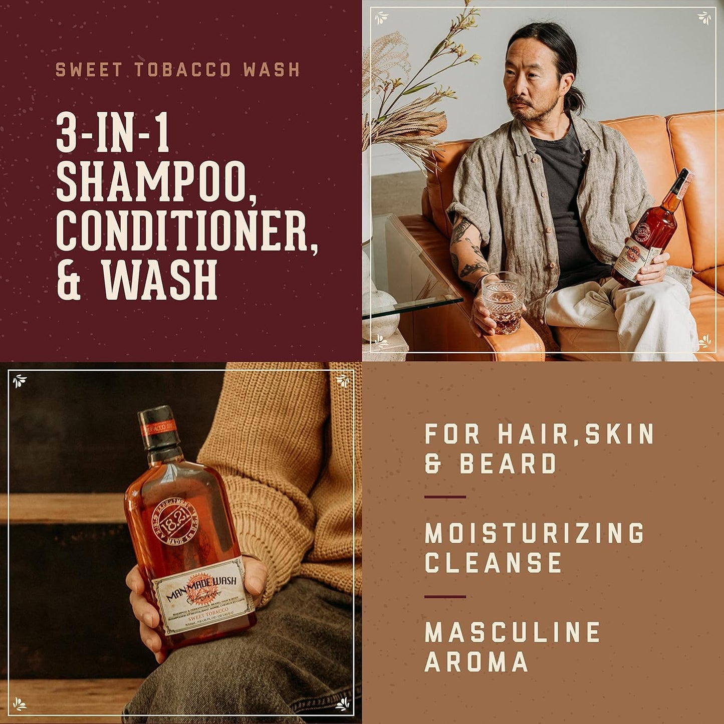 18.21 Man Made Absolute Mahogany Wash & Spiced Vanilla 3-in-1, 18 oz Wash 2-Set Bundle, All Hair & Skin Types for Men, Strengthens and Moisturizes in a Manly Aroma
