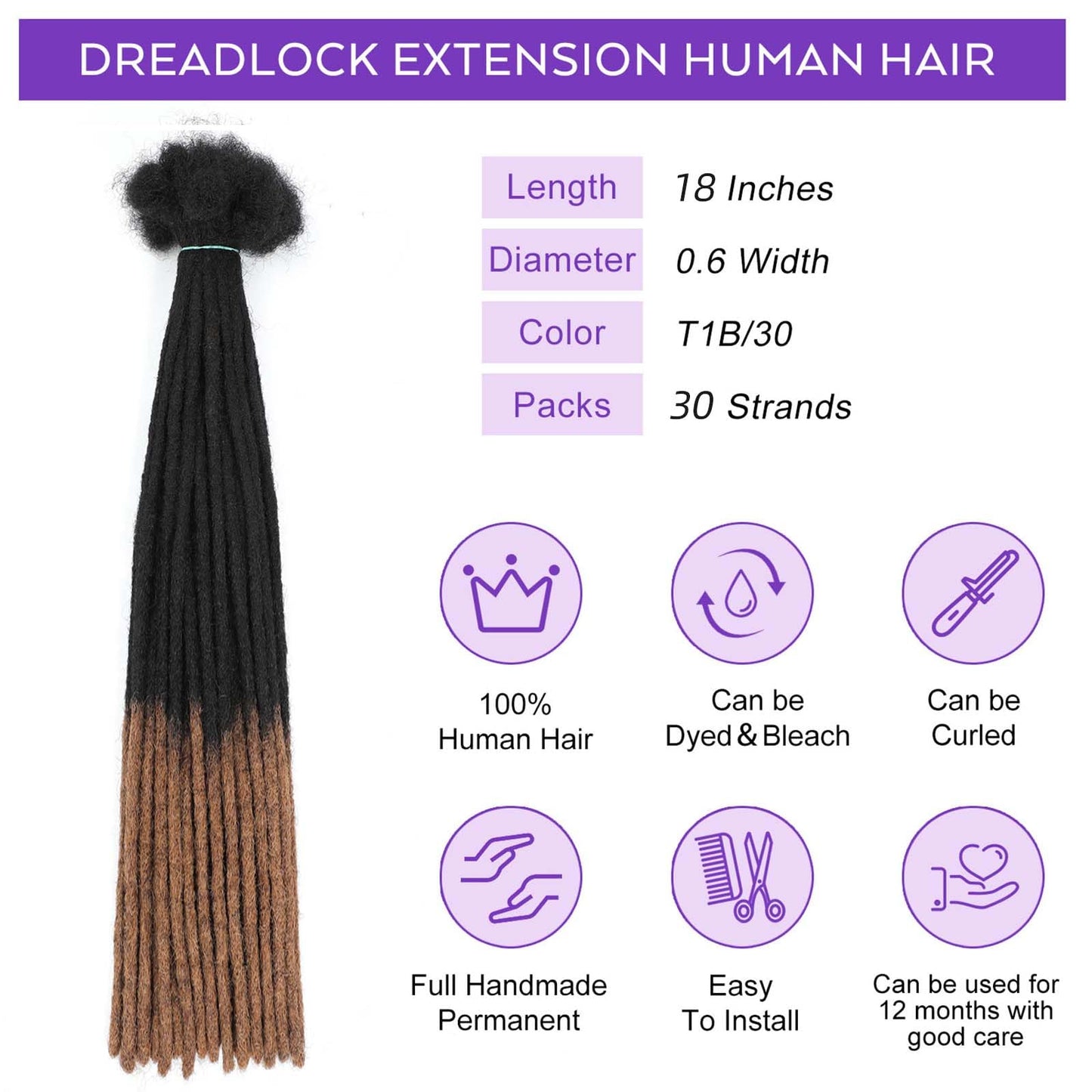 18Inch Dreadlock Extensions Loc Extensions Human Hair 0.6CM 100% Real Human Hair Full Head Handmade Permanent Dreadlocks Extension for Men/Women(18 Inch 30Strands,T1B/30#)