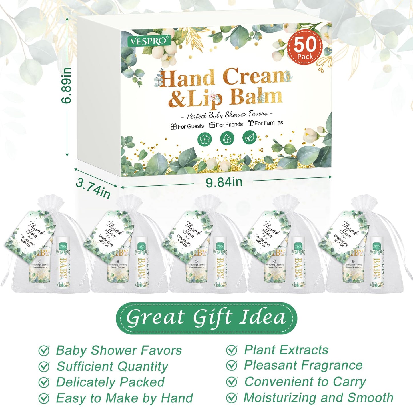 50 Pack Hand Cream Bulk and Lip Balm Bulk Gifts Sets, Baby Shower Favors and Bridal Shower Favors for Guests with Thank You Card and Organza Gift Bags, Thank You Gifts for Women (Oh Baby)