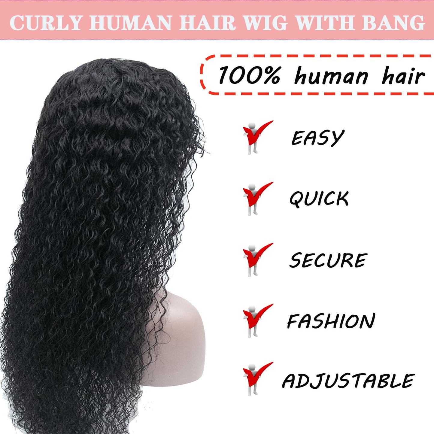 22 Inch Curly Human Hair Wigs with Bangs 150% Density Machine Made Virgin Curly Human Hair Wig Scalp Base None Lace Front Water Wave Wigs for Black Women Glueless Natural Hair Wig(1B#)