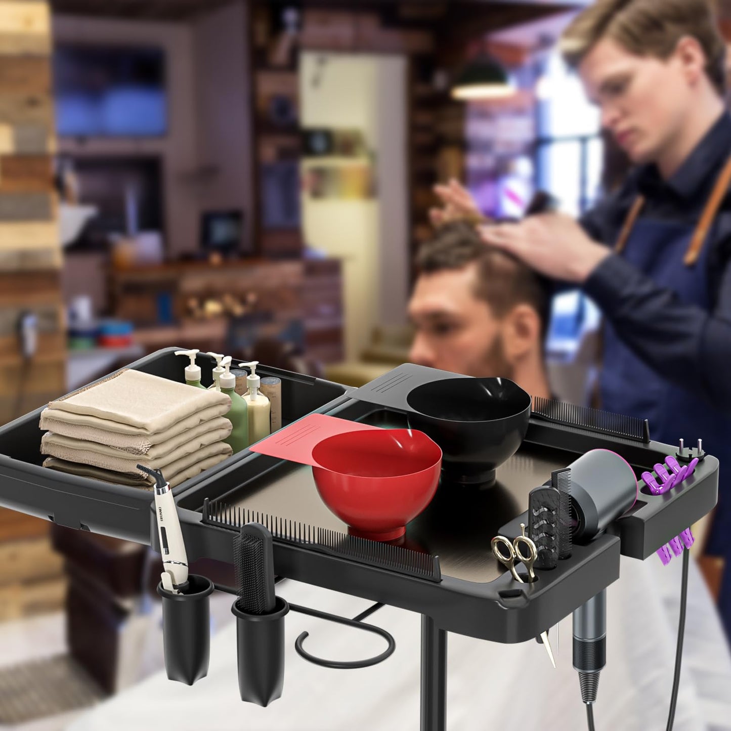 ABTSalon Magnetic Salon Tray on Wheels with All-Metal Frame Rolling Hairstylist Tray with Drawers Hair Stylist Tray with 2 Magnetic Mixing Bowls Salon Stations for Hair Stylist Tray