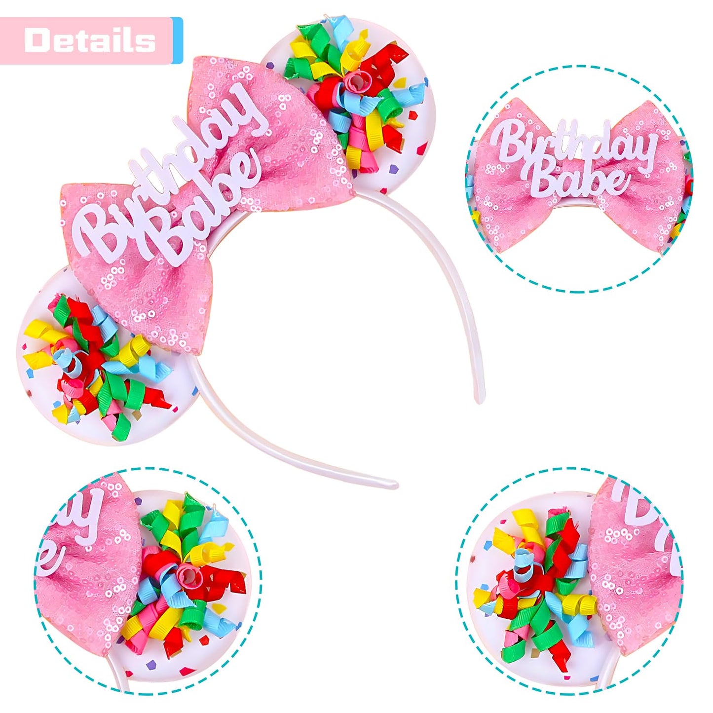 MADO Happy Birthday Mouse Ears Headband - Festive Ears for Women, Kids, Celebrations, Birthdays, and Parks (BD-BABE)