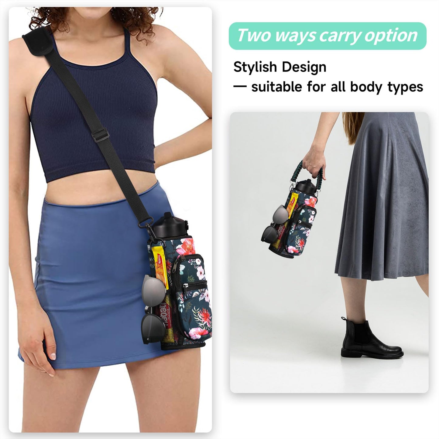 AceTreker 32 oz 40 oz Water Bottle Sleeve, Insulated Sport Water Bottle Holder with Strap & Paracord Handle, Flask Carrier Sling Bag with 4 Pockets for Walking Hiking-Wild Rose
