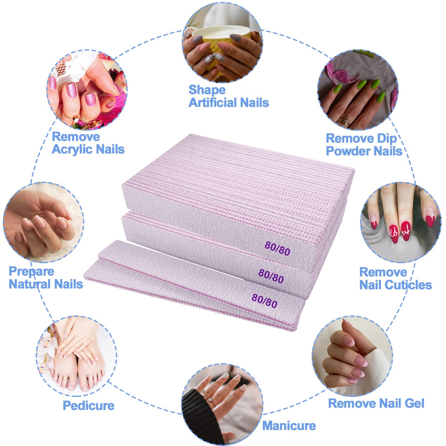 80/80 Grit Nail Files, Emery Boards Nail File for Acrylic and Gel Nails, Coarse Nail File Double Sided 80 Grits Emory Professional Filers Reusable Washable Manicure Square Gray (50 Pcs 80/80 Grit)