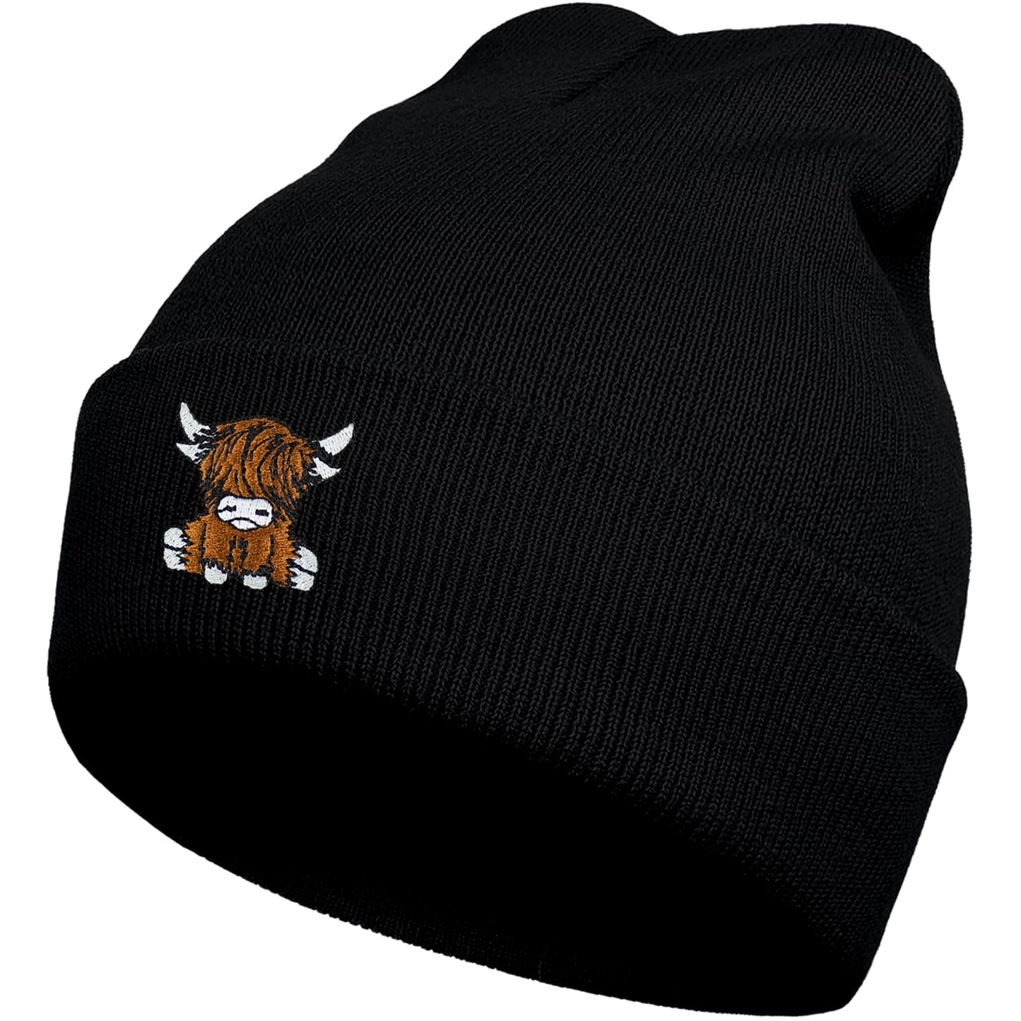 gswirmchsq Scottish Highland Cow Beanie Hat Black, Cute Funny Cow Embroidery Winter Knit Skull Cap for Adult Men Women