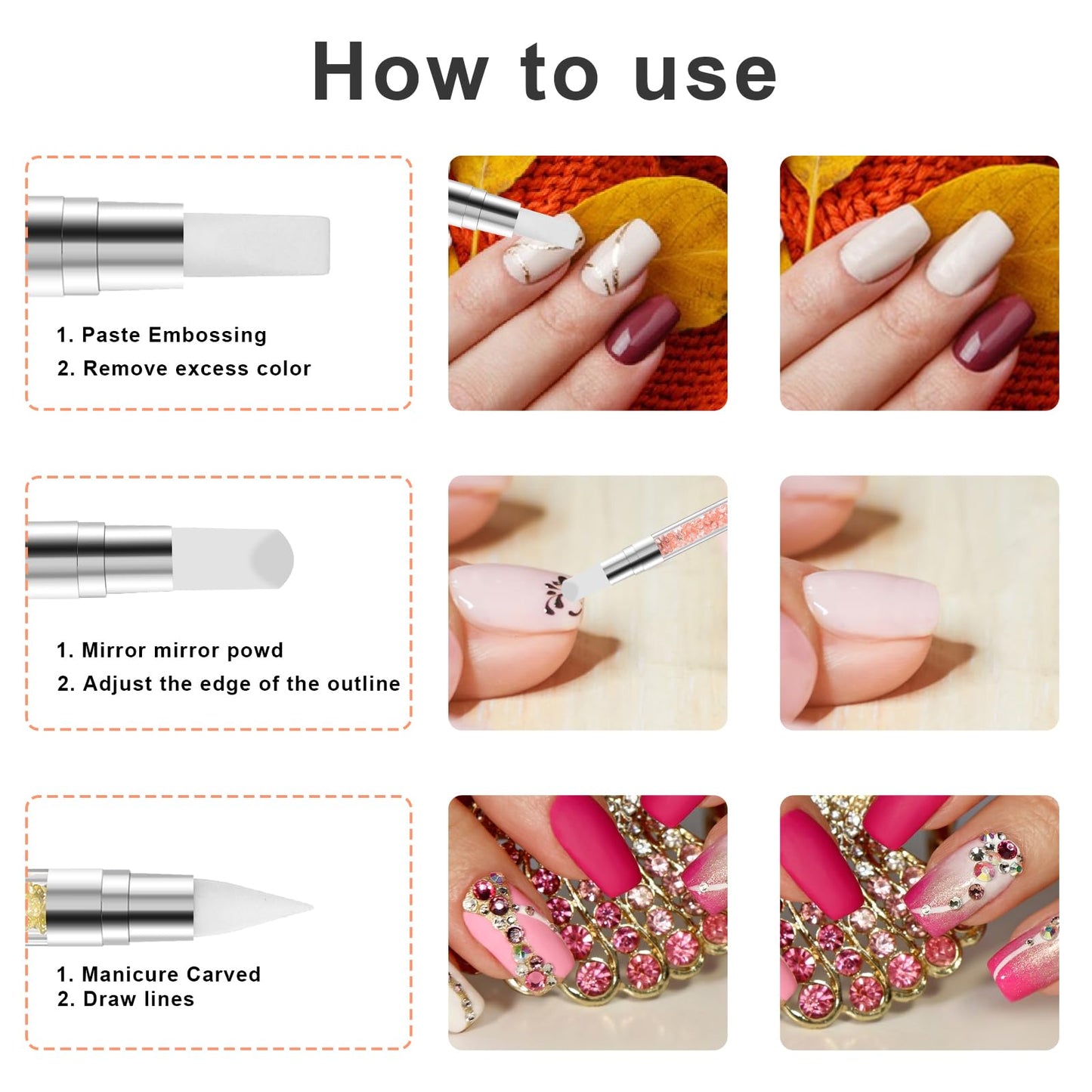 5 Pcs Nail Art Sculpture Pen Dual Tipped Silicone Nail Tools Nail Art Acrylic Pen Silicone Brushes for Resin Nail Art Tools for Design Nail Foil Carving Drawing Shaping Drawing Effect