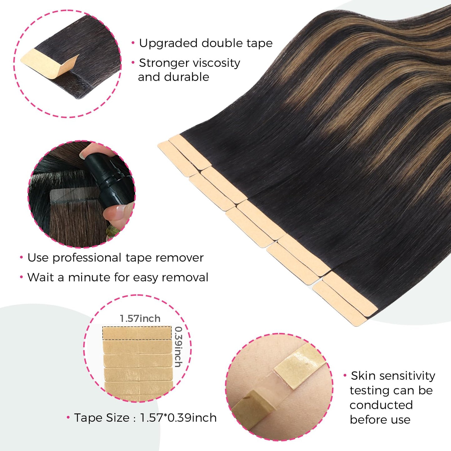 Lashey Tape in Hair Extensions 25g 10pcs 16 Inch Straight Natural Black Mixed Chestnut Brown Highlighted Hair Extensions Tape in Hair for Women
