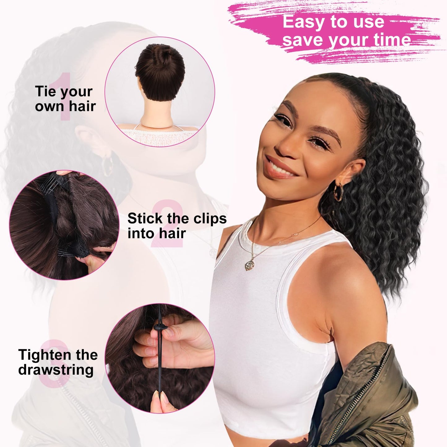 AISI BEAUTY Black Ponytail Extension Curly Drawstring Ponytail for Women Full Fake Ponytail 18 Inch Synthetic Curly Pony Tails Hair Extensions