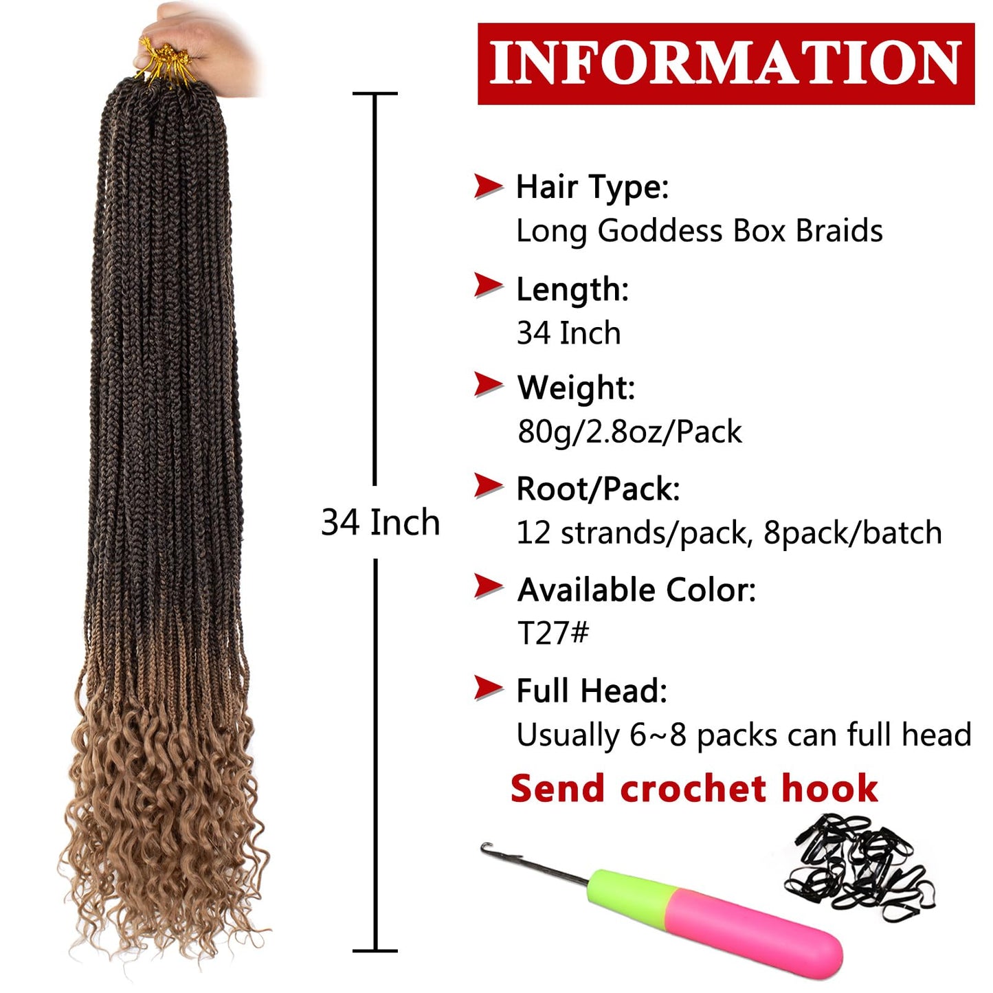 Xtrend 8 Packs 34 Inch Jumpo Box Braiding Hair Goddess Box Braids Crochet Hair Curly Ends Pre-looped Synthetic Long Braids for Women (12Strands/pack T27#)