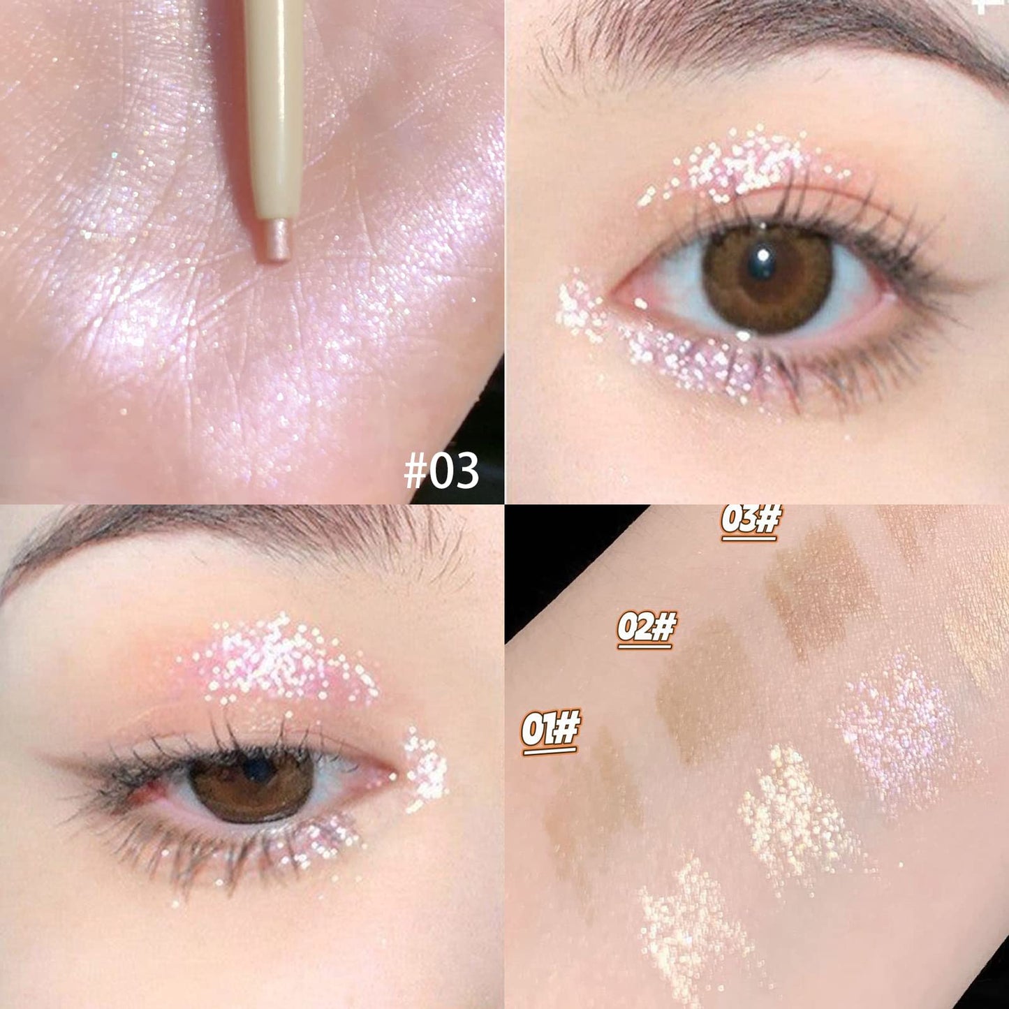 3PC Double Ended Highlighter Makeup Pen, Glitter & Matte Nude EyeLiner & Eyeshadow, Liquid Contour Liner 2 in 1 Eye Brightener Make Up Stick, Mulit-Funtional Long Lasting Lying Silkworm Pencil ( #01, #02, #04)