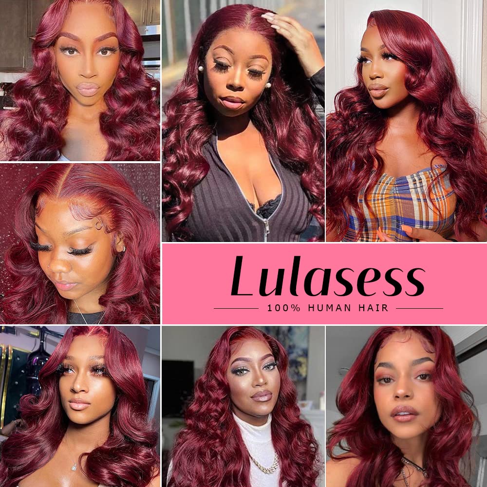 250% Density 32 Inch 99J Burgundy Lace Front Human Hair Wig With Baby Hair Pre Plucked 13x4 Body Wave HD Transparent Lace Frontal for Women Glueless