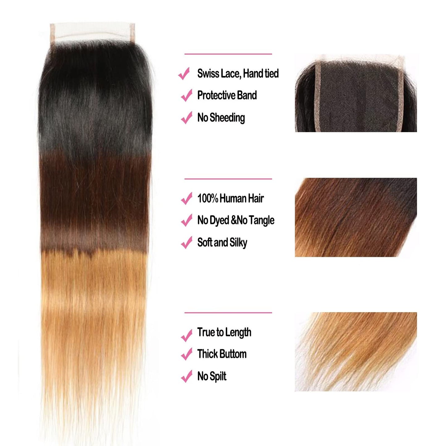 10A Ombre Hair Straight Hair 3 Bundles (121416+10) Human Hair Weaves Extensions 100% Virgin human hair straight bundles with 4X4 Lace Closure
