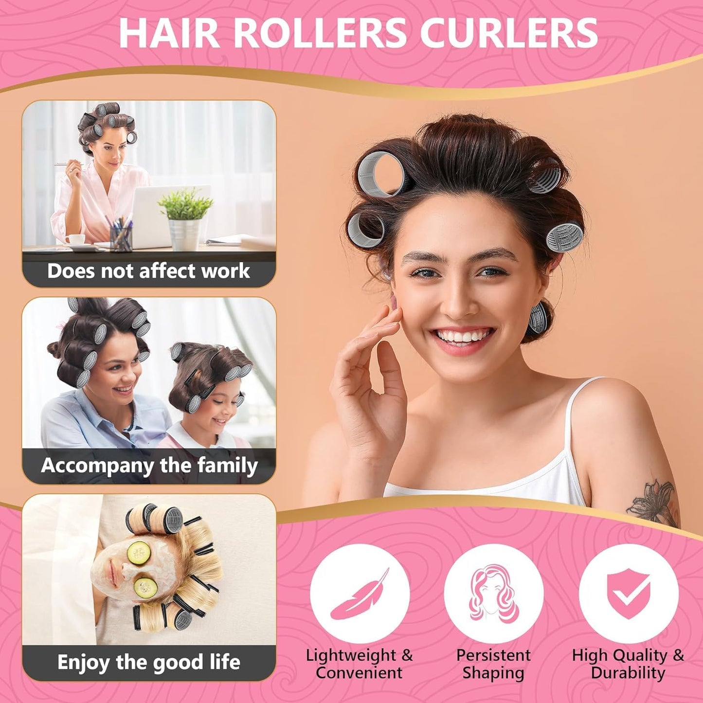 50Piece Hair Rollers set,Self Grip Hair Curlers for Long Medium Short Hair,(6 Jumbo + 6 Large + 6 Medium + 6 Small Hair Rollers + 1 Storage Bag) and 24Pcs Hair Clips /4-sizes 60 45 36 25mm