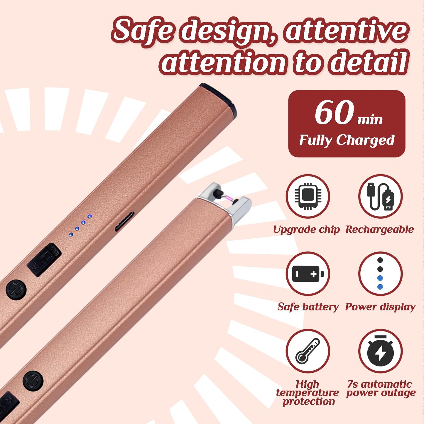 2 PCS Candle Lighter,Windproof Flameless Electric Lighter with LED Power Display & Safety Switch, Upgraded Plasma USB Rechargeable Lighter for Birthday Camping BBQ (Rose Gold)