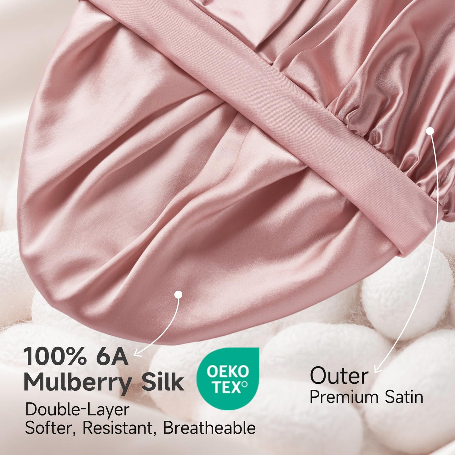 Umisleep 22 Momme 100% Real Mulberry Silk Bonnet for Sleeping Women, Large Hair Care Bonnet for Long Curly Hair, Double Layer Silk Hair Wrap with Soft Elastic Band, Non-Slip Sleep Cap, Pink