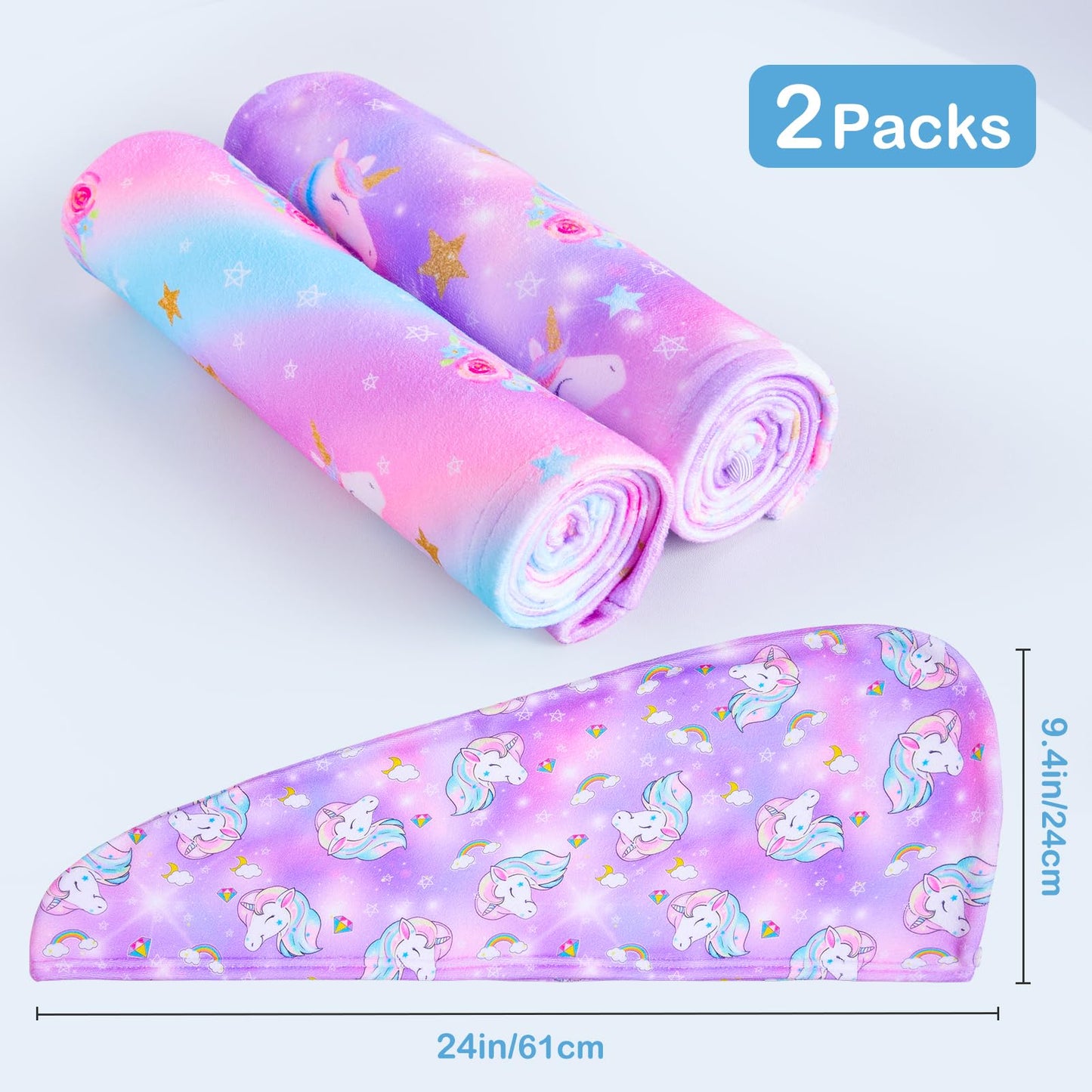 FIOBEE Microfiber Hair Towel Wrap for Kid Rapid Drying Towel Absorbent Hair Turbans for Wet Hair with Button Women Girls Long Curly Hair Pack of 2, Light Purple