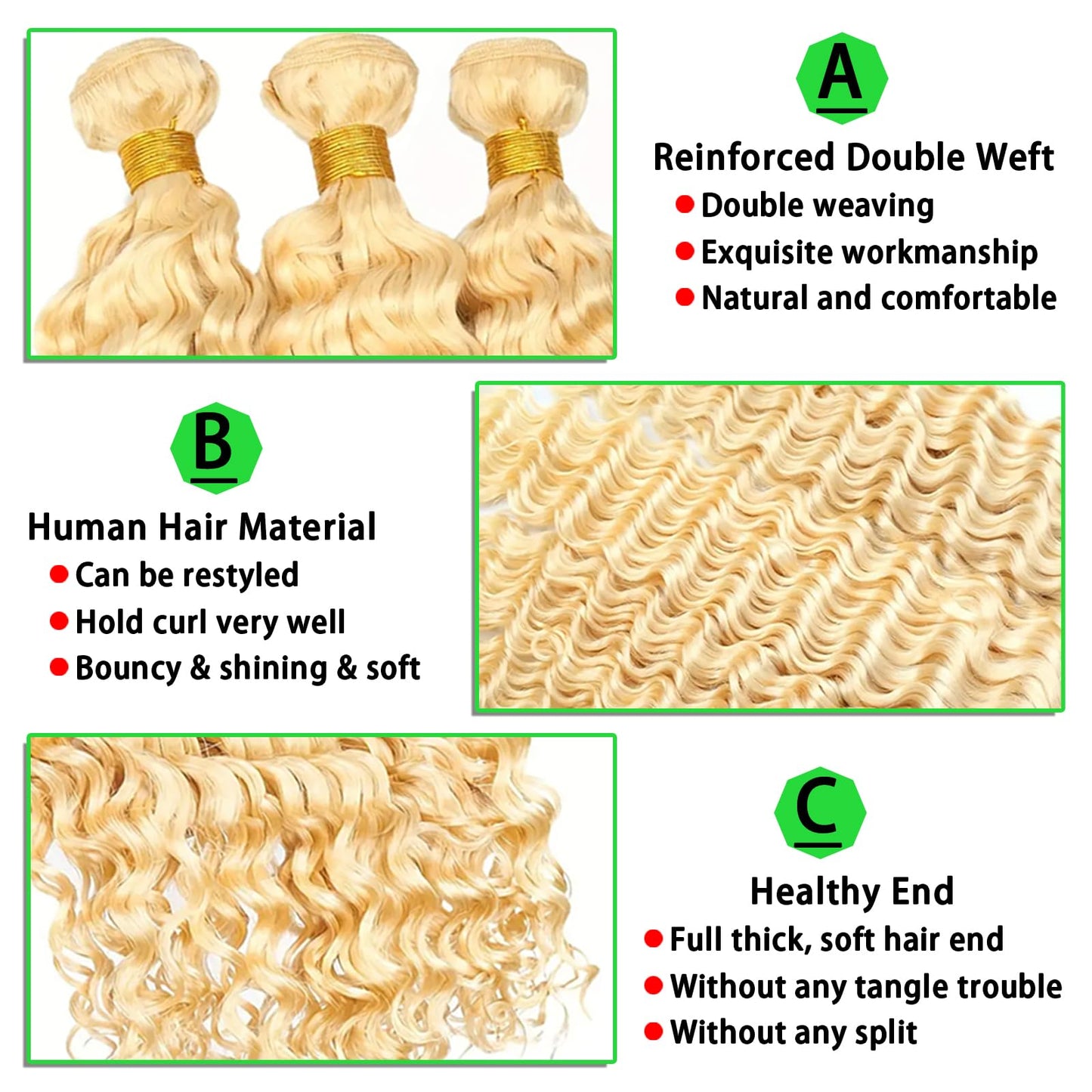 613 Blonde Deep Wave Human Hair 16inch 3 Bundles 613 Blonde Deep Wave Bundles Human Hair Bundlles 613 Bundles Blonde Bundles Brazilian Unprocessed Virgin Hair Wet and Wavy Human Hair Extensio