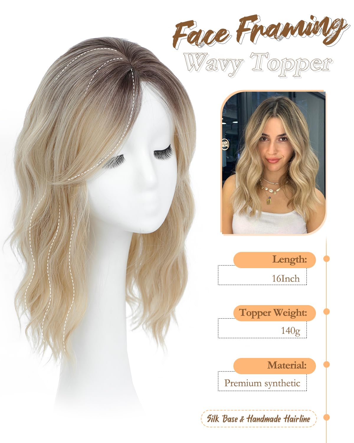 PANEWAY 16Inch Hair Toppers for Women with Thinning Hair - 6.5''x6.5'' Ladies Wiglets Toppers - Ombre Dark Root to Blonde
