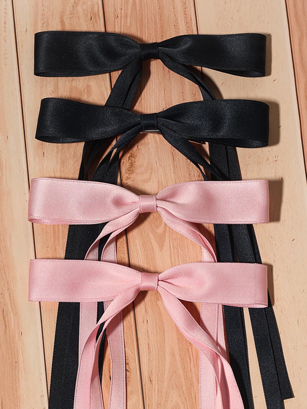 4pcs Tassel Ribbon Bowknot Hair Accessories with Long Tails, Solid Barrettes Claw Clips with Bows for Girls and Women (Navy Pink)
