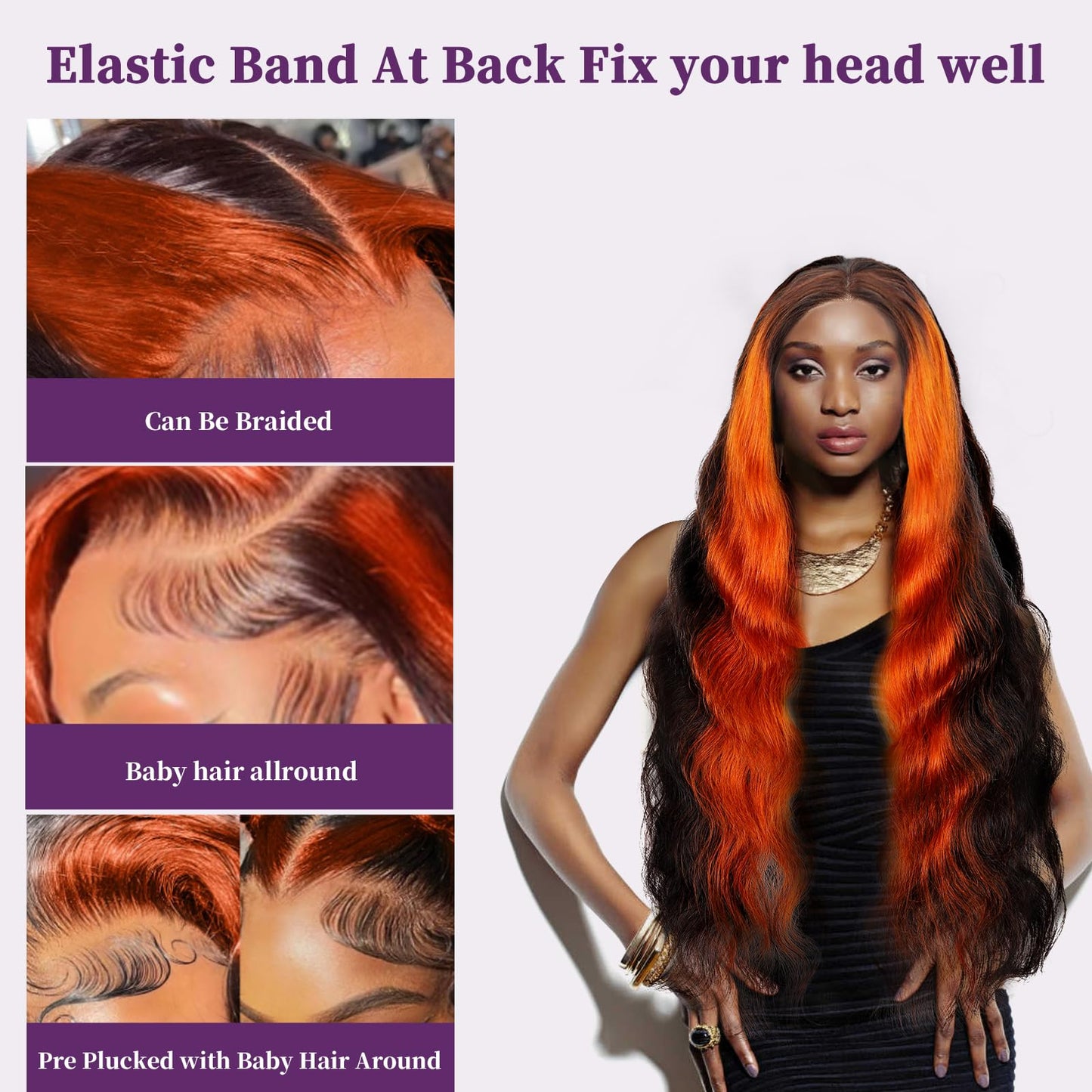 13x6 Ginger Orange Lace Frontal Wigs Body Wave Highlight Ombre Colored Human Hair 13x6 HD Transparent lace wigs Pre-plucked With Baby Hair 200% Density Glueless 100% Virgin Human Hair (26inch)
