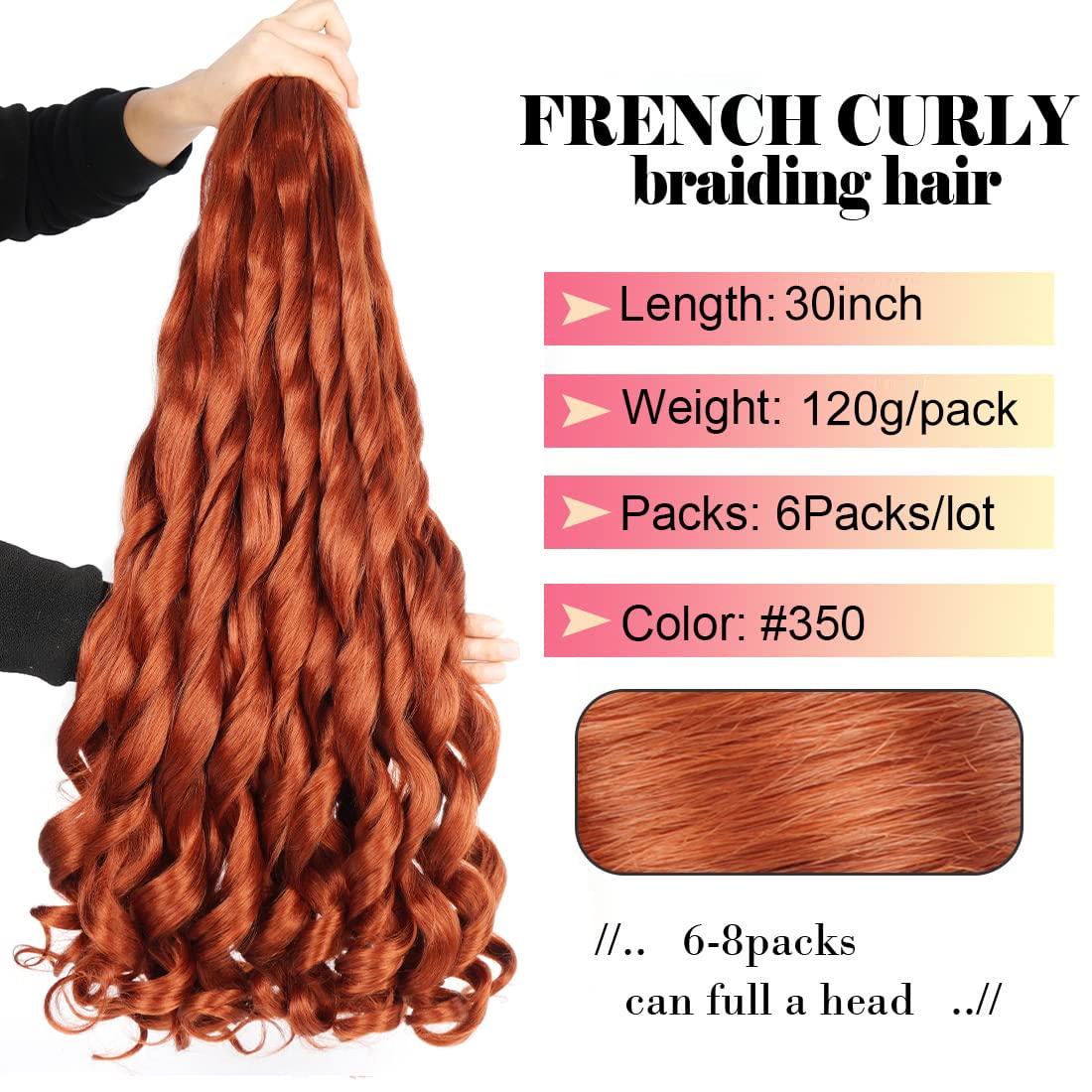 Ginger French Curl Braiding Hair 30 inch 6 Packs Loose Wave Bouncy Braiding Hair Pre Stretched 120g/pack Yaki Curly Braiding Hair Crochet hair for Black Women Hair Extensions(30 inch(pack of 6),#350)